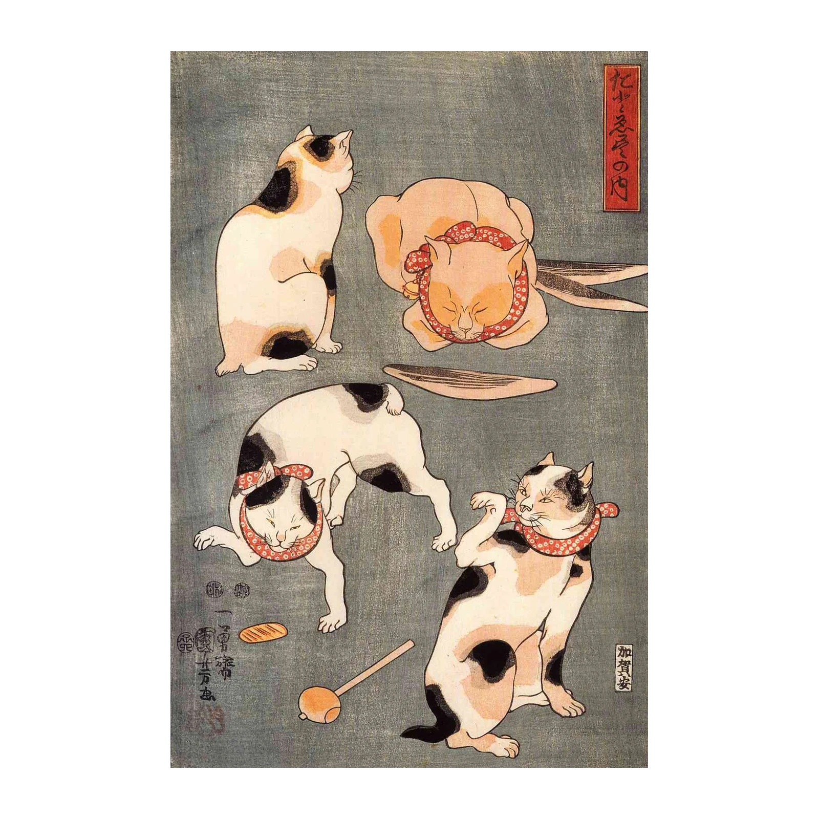 Vintage Japanese Cats Playful Scene Wall Art