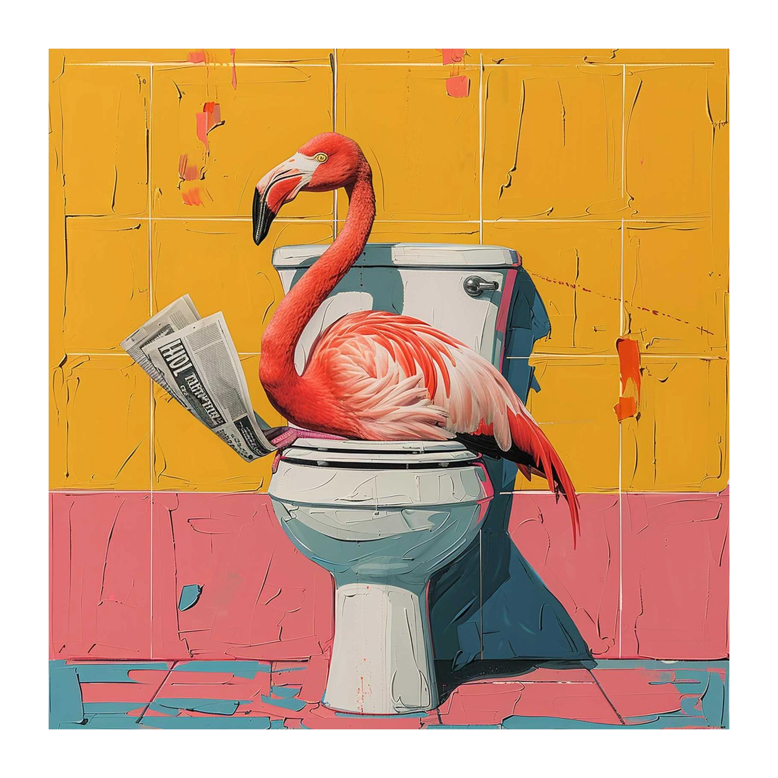 Playful Flamingo Toilet Scene Wall Art