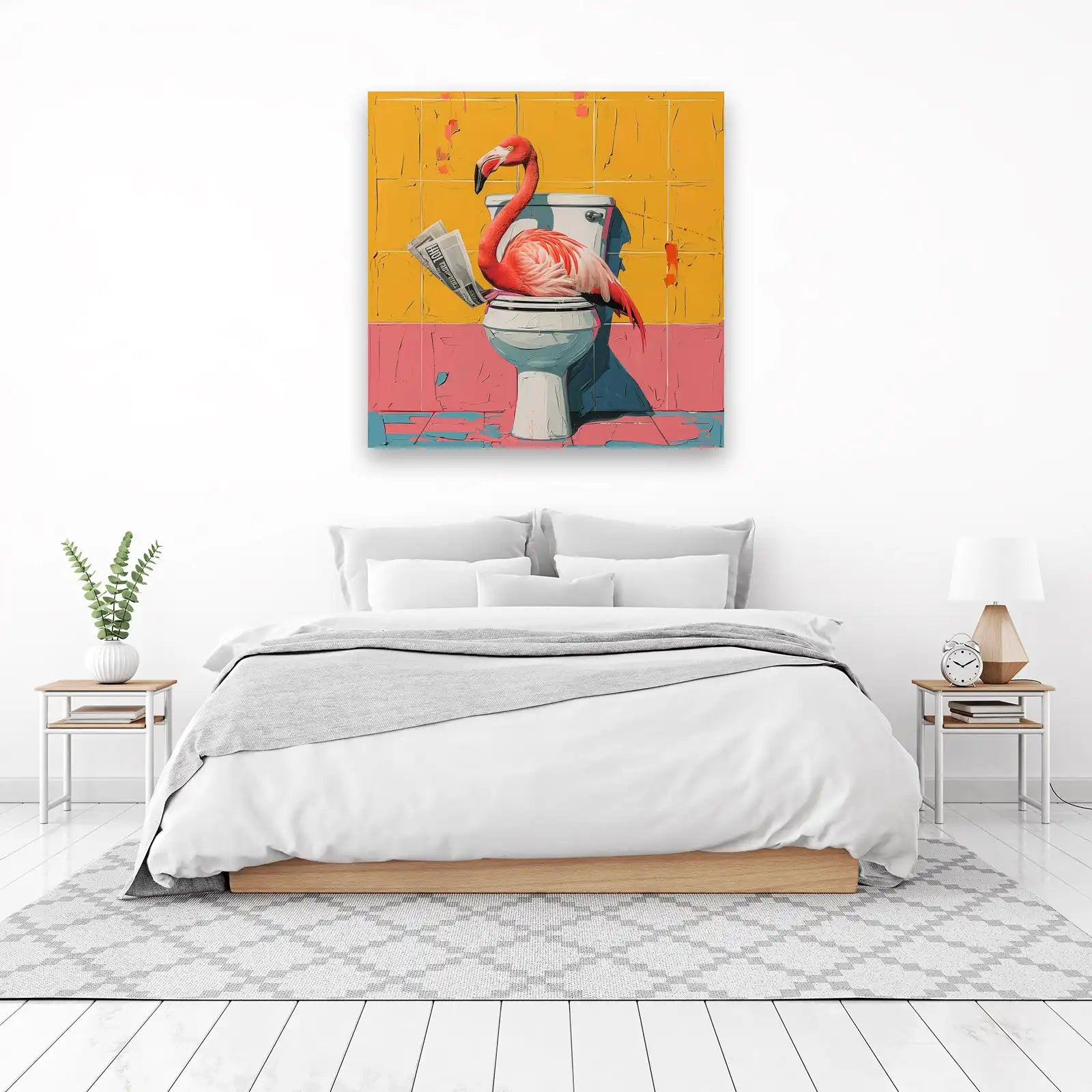 Playful Flamingo Toilet Scene Wall Art