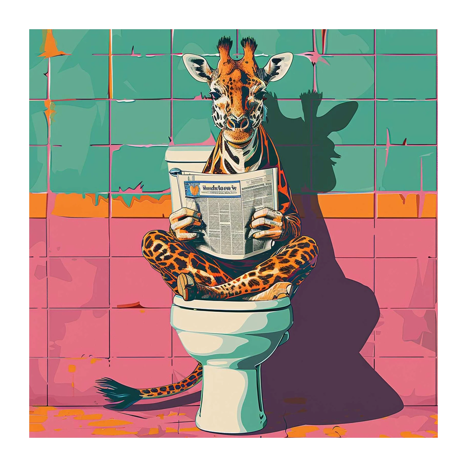 Humorous Giraffe Reading on Toilet Wall Art