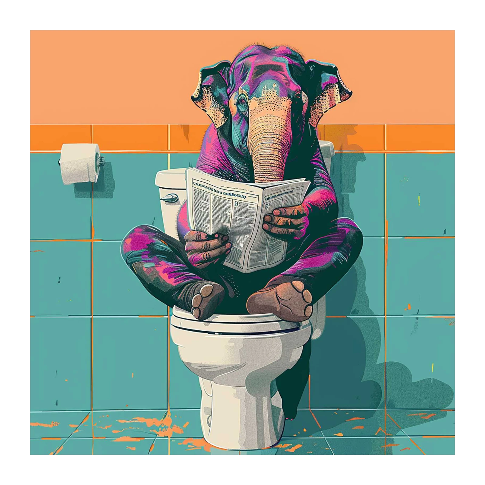 Whimsical Elephant Reading Toilet Wall Art