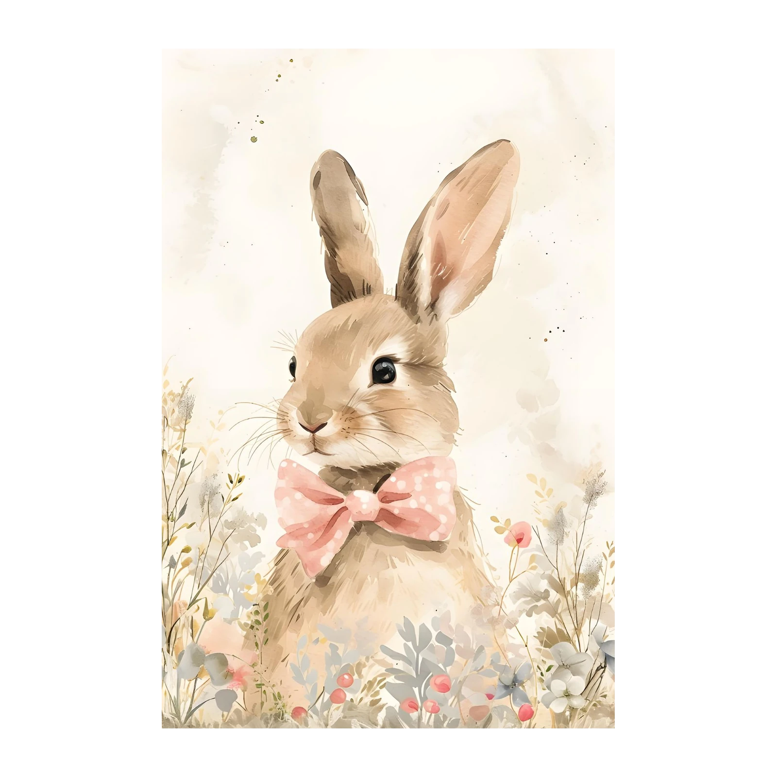 Charming Bunny with Pink Bow Watercolor Wall Art