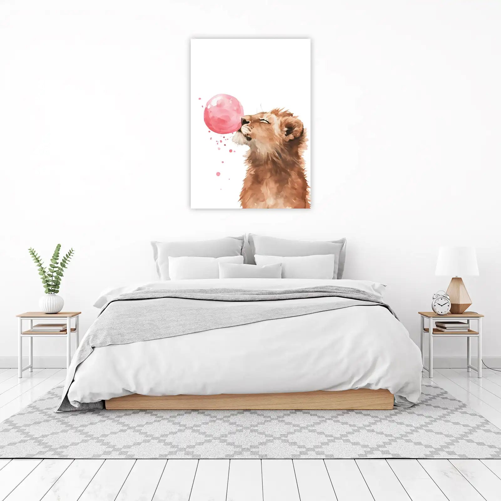 Playful Lion Cub Bubblegum Watercolour Wall Art