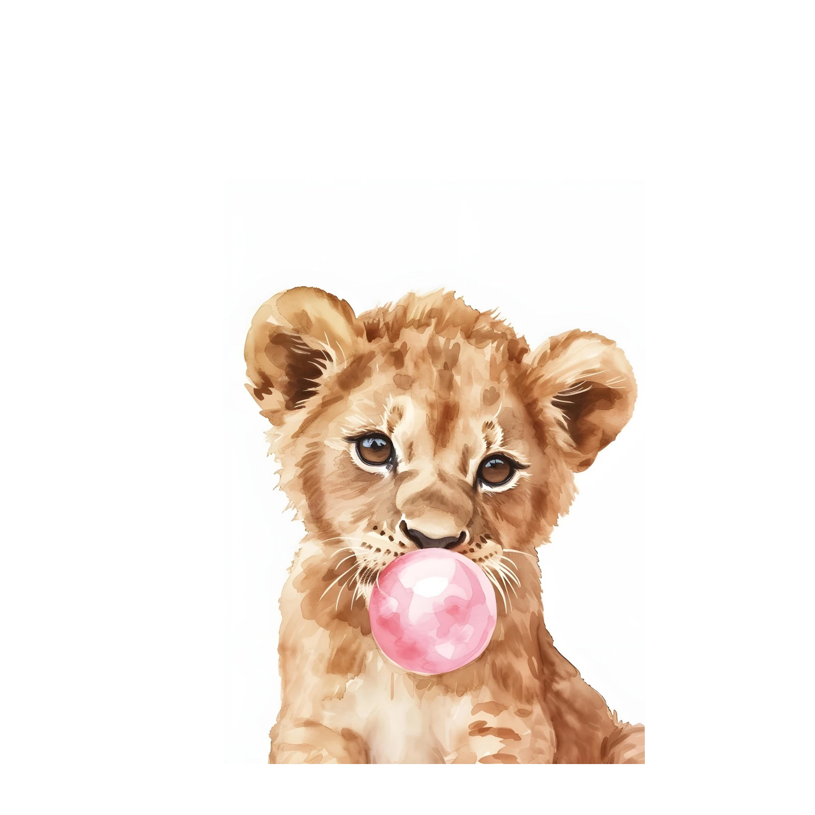 Cute Lion Cub Bubble Gum Watercolor Wall Art
