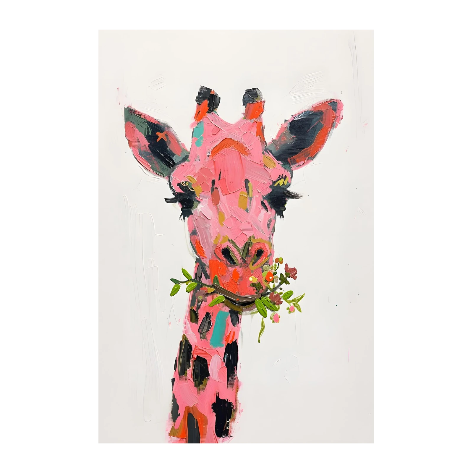 Whimsical Pink Giraffe with Flowers Wall Art