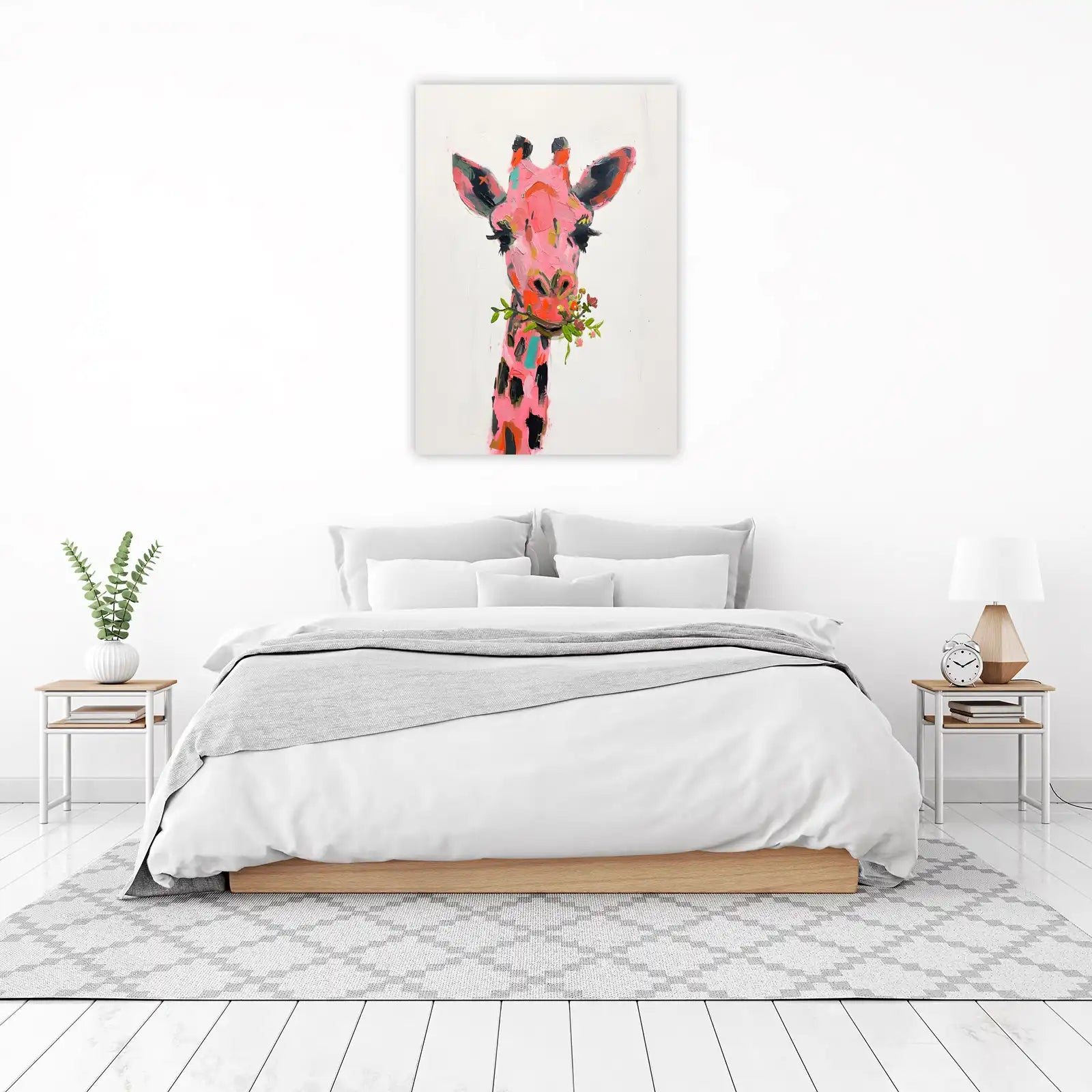 Whimsical Pink Giraffe with Flowers Wall Art