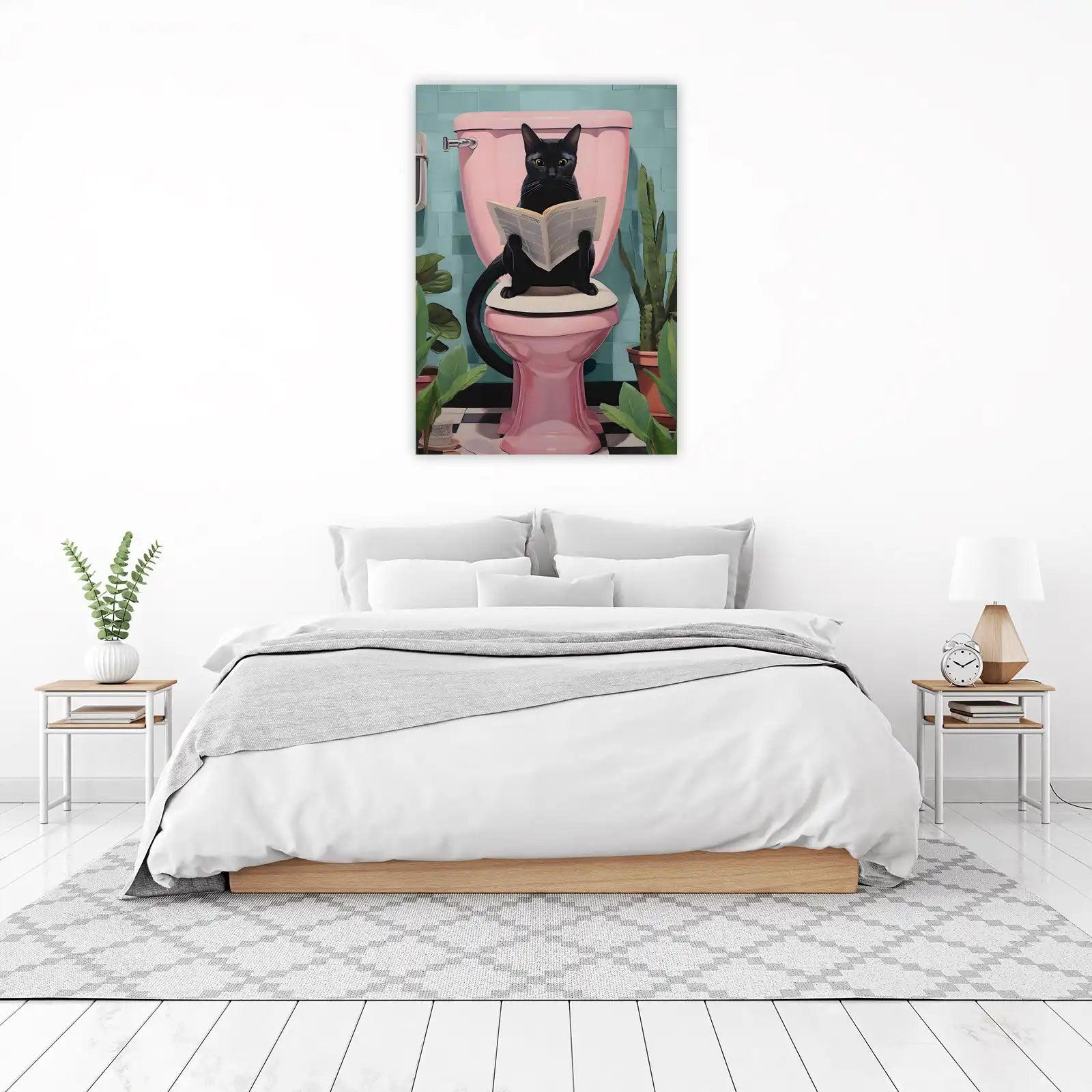 Humorous Black Cat Reading Toilet Wall Art