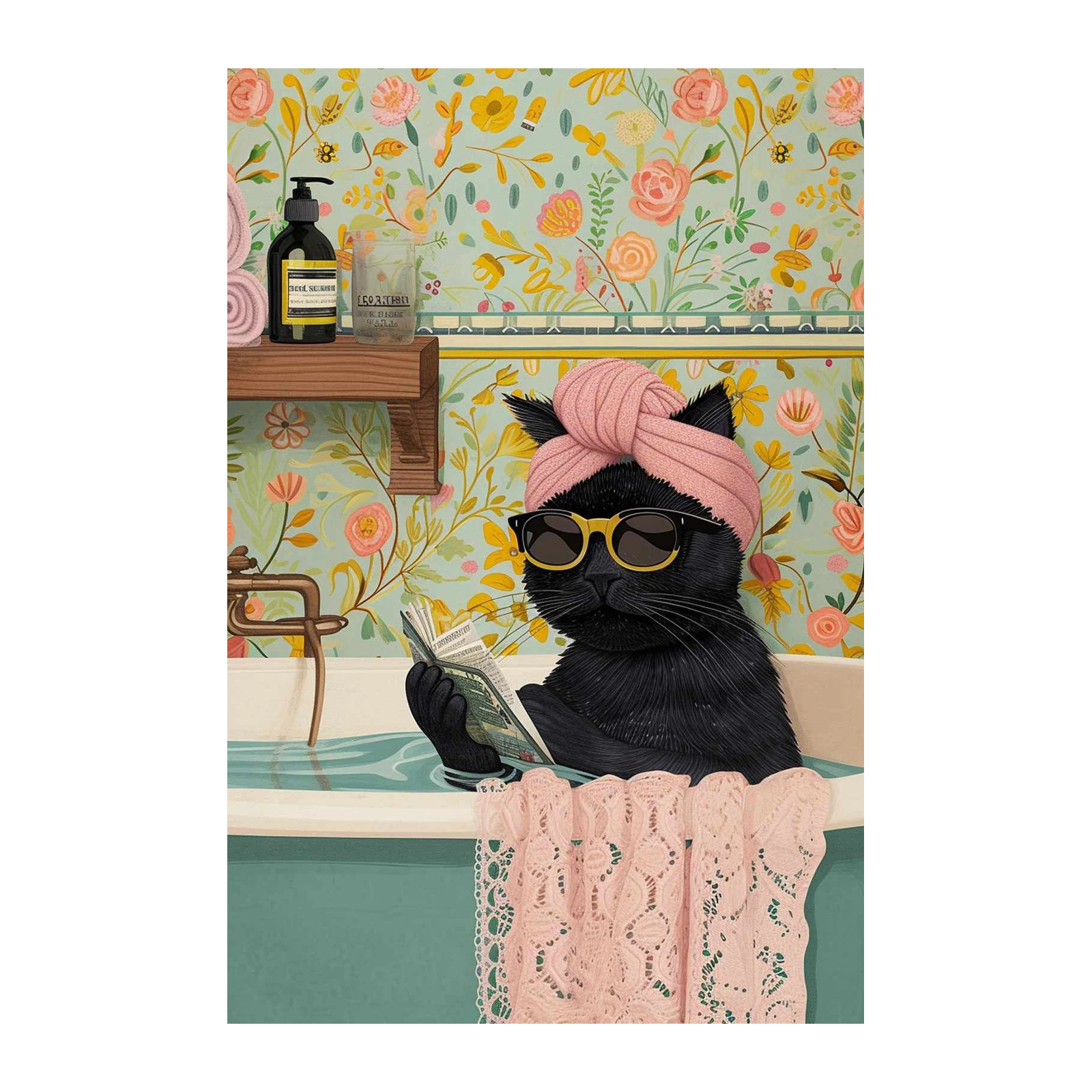 Humorous Black Cat Spa Day Wall Art