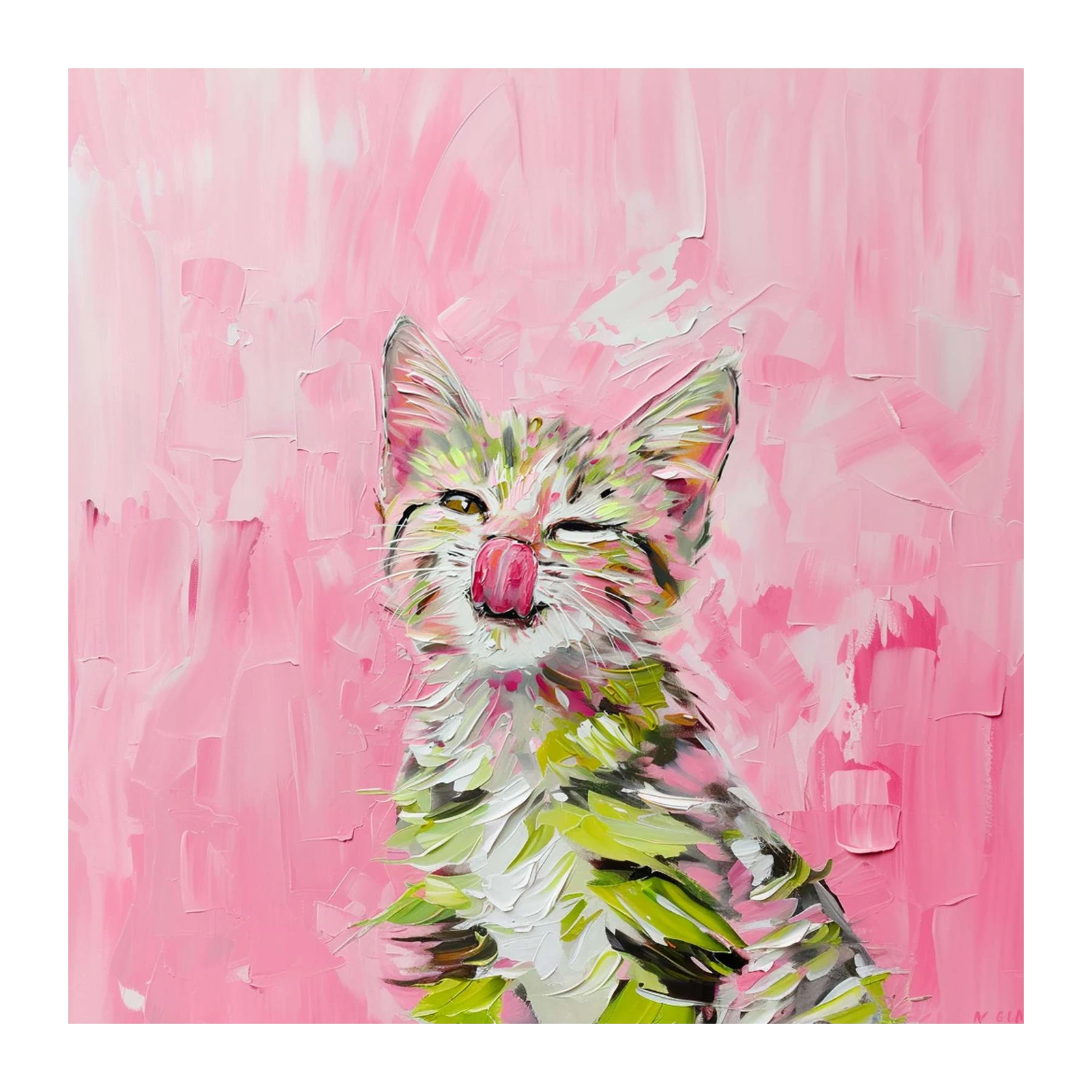 Playful Kitten Pink Palette Knife Oil Wall Art