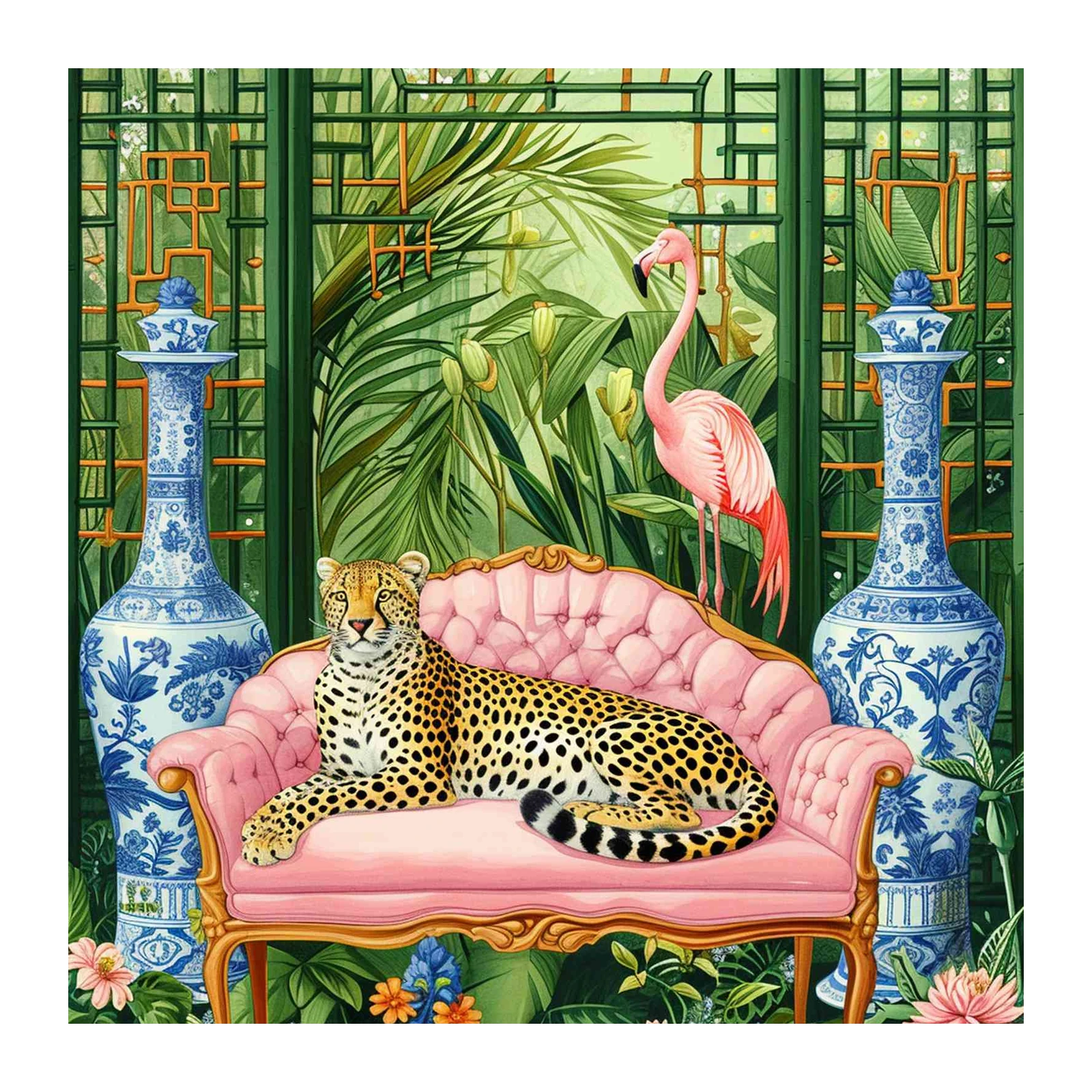 Exotic Leopard & Flamingo Tropical Jungle Wall Art