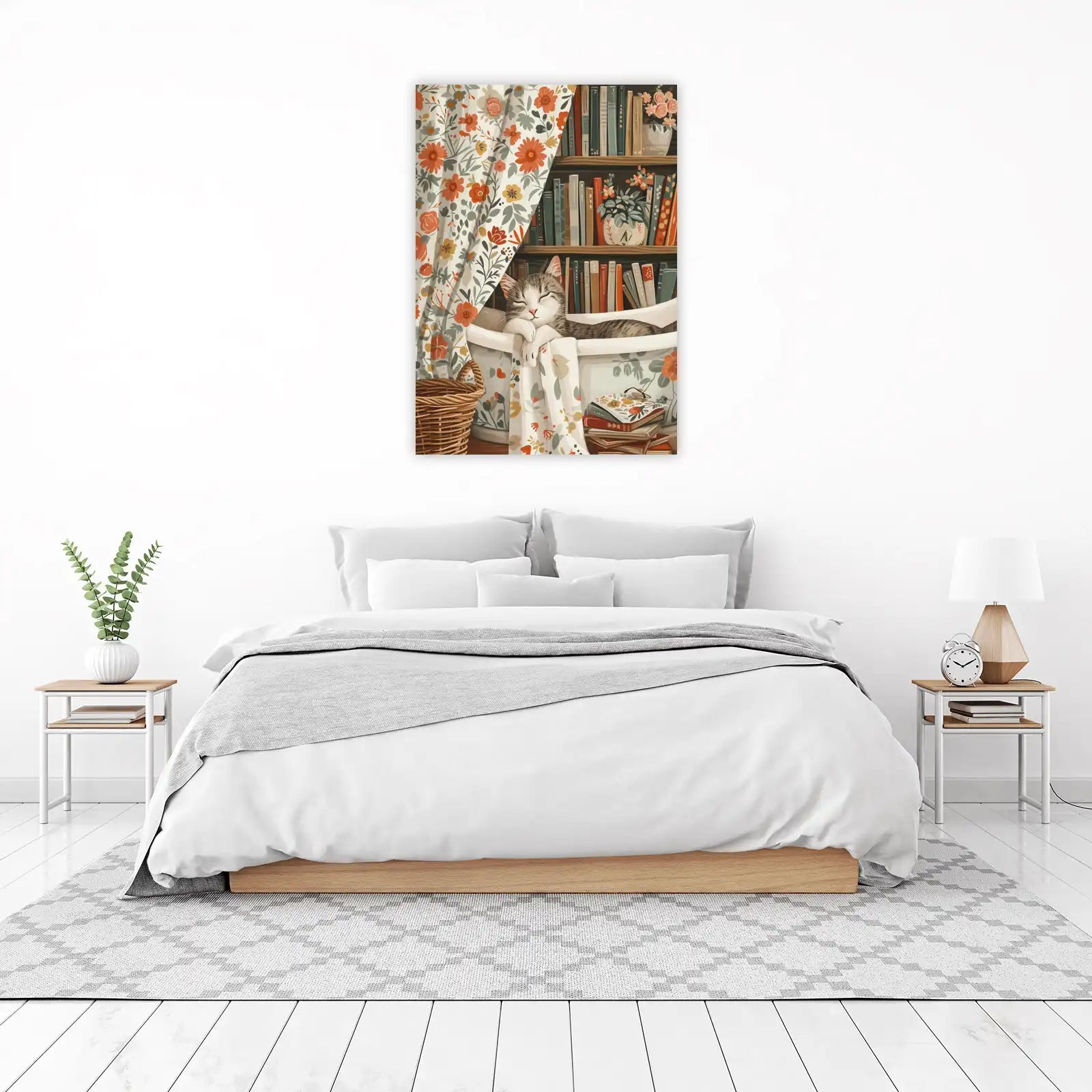 Cozy Cat Reading Nook Floral Wall Art