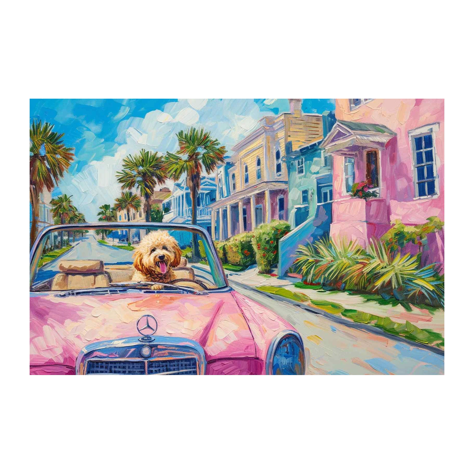 Joyful Dog in Pink Classic Car Wall Art