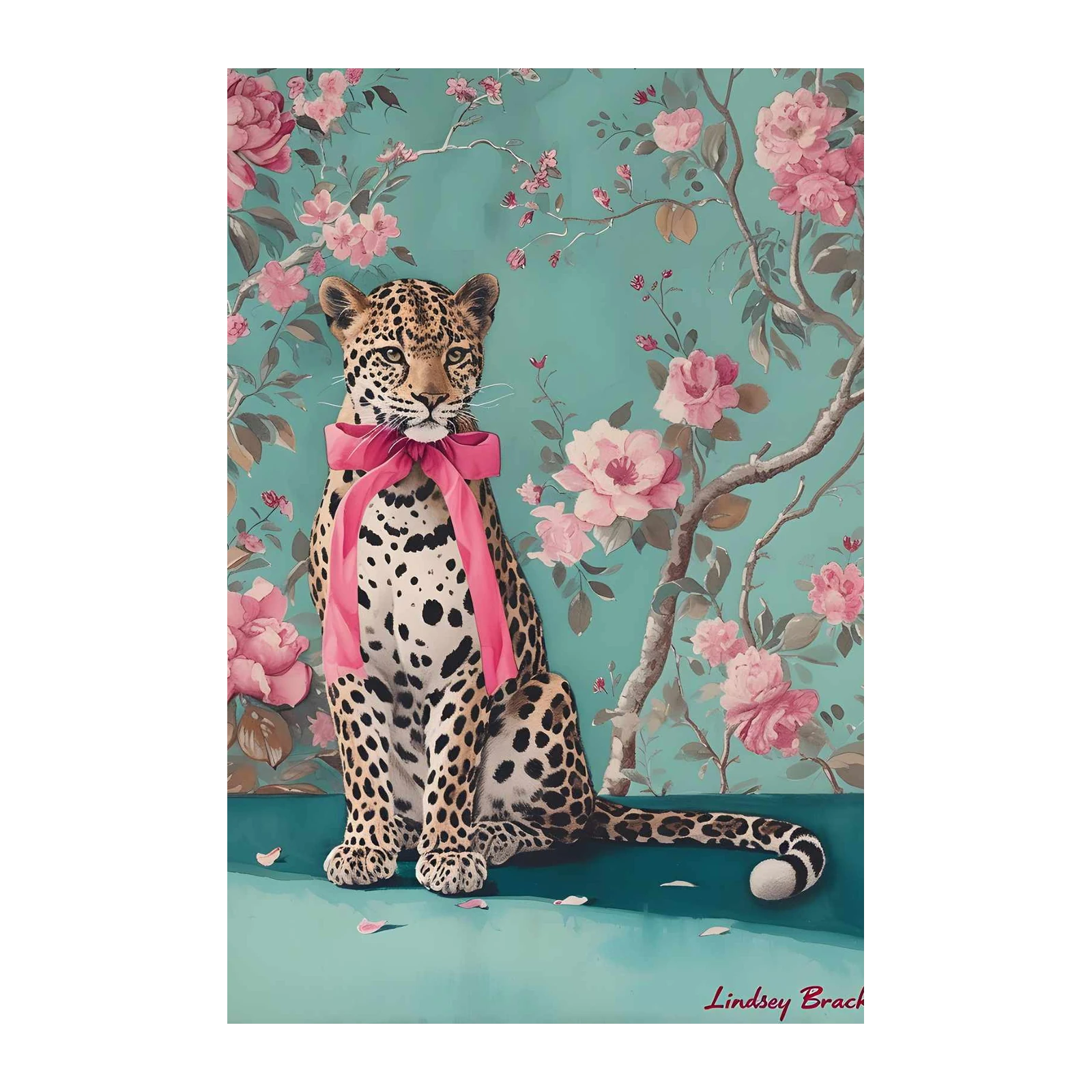 Whimsical Leopard Floral Teal Wall Art