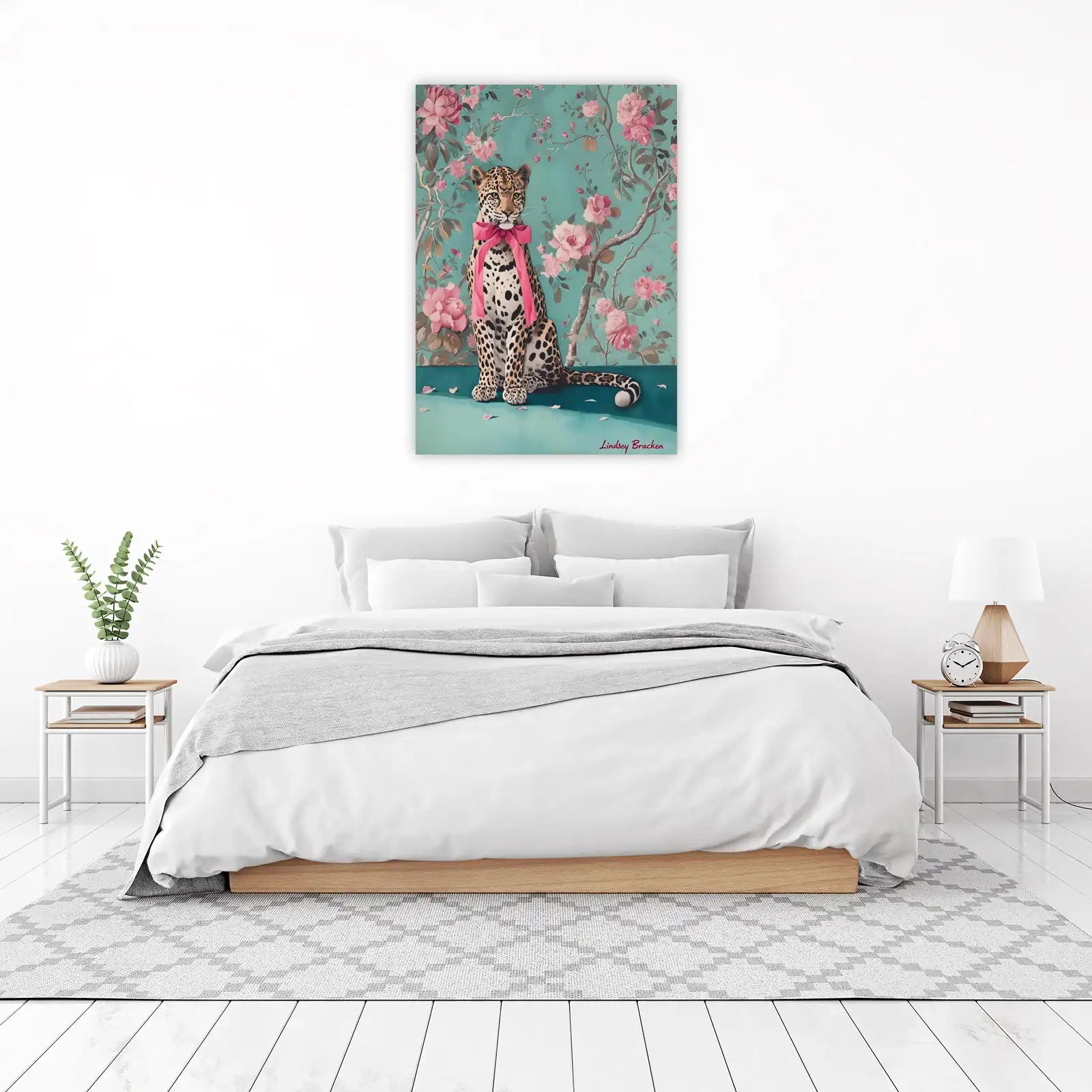 Whimsical Leopard Floral Teal Wall Art