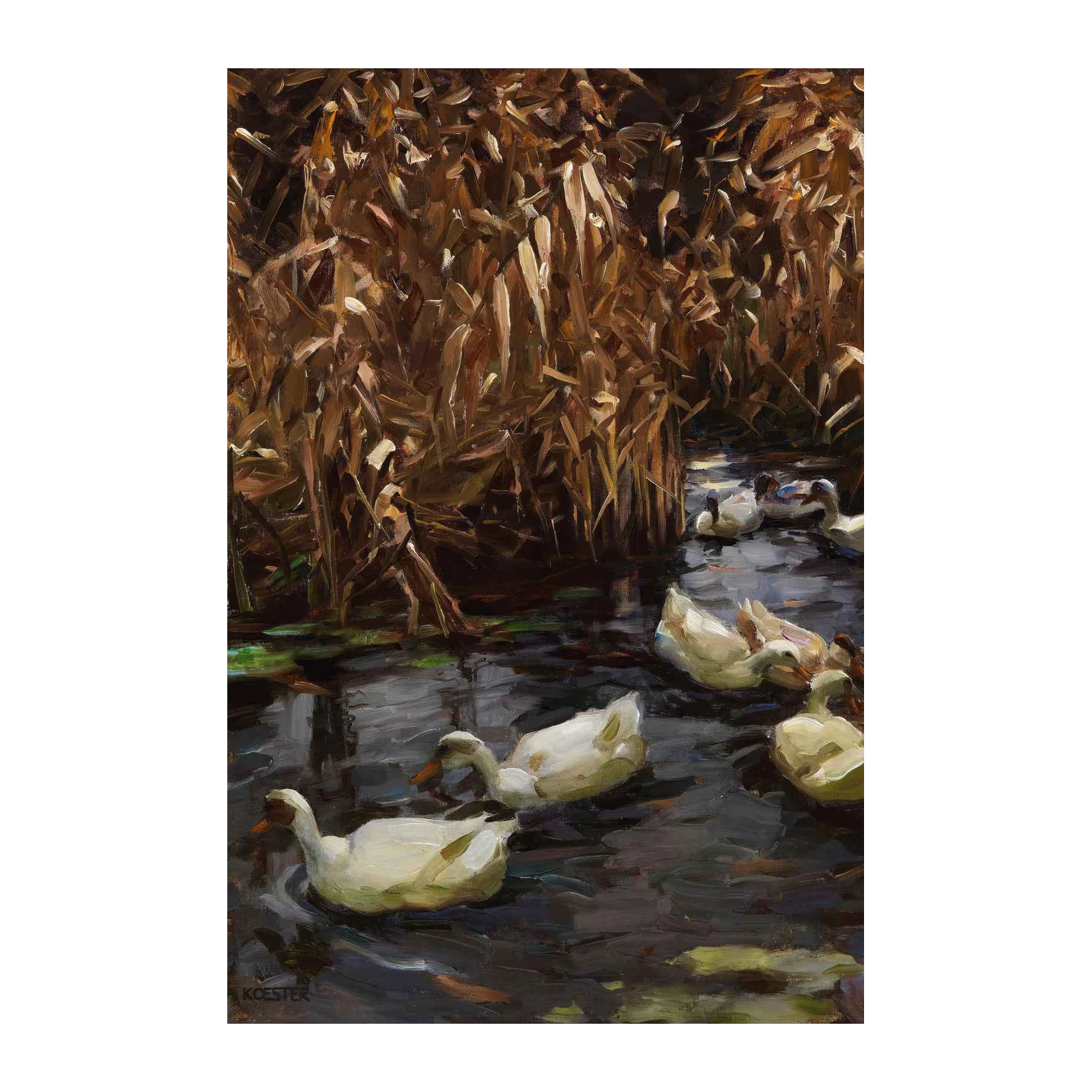 Serene Duck Pond Nature Oil Painting Wall Art