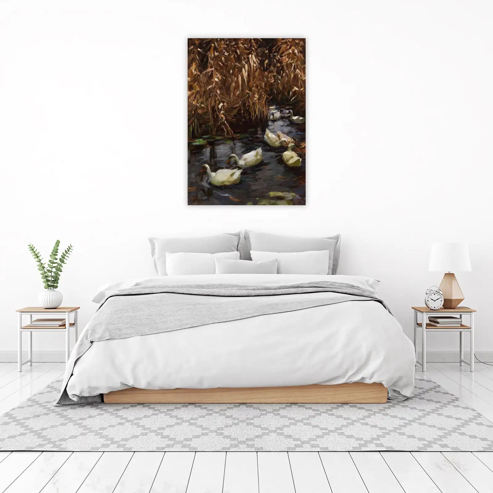 Serene Duck Pond Nature Oil Painting Wall Art