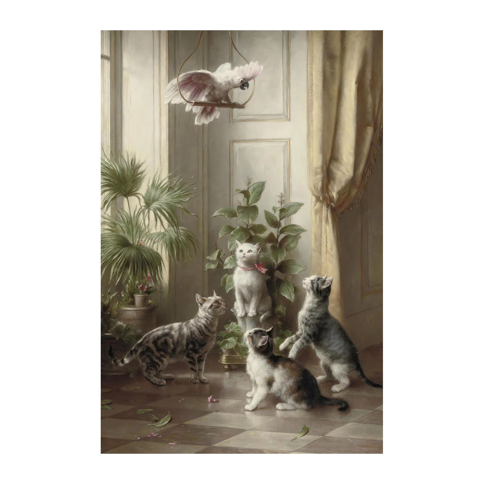 Playful Kittens & Cockatoo Vintage Art Wall Art