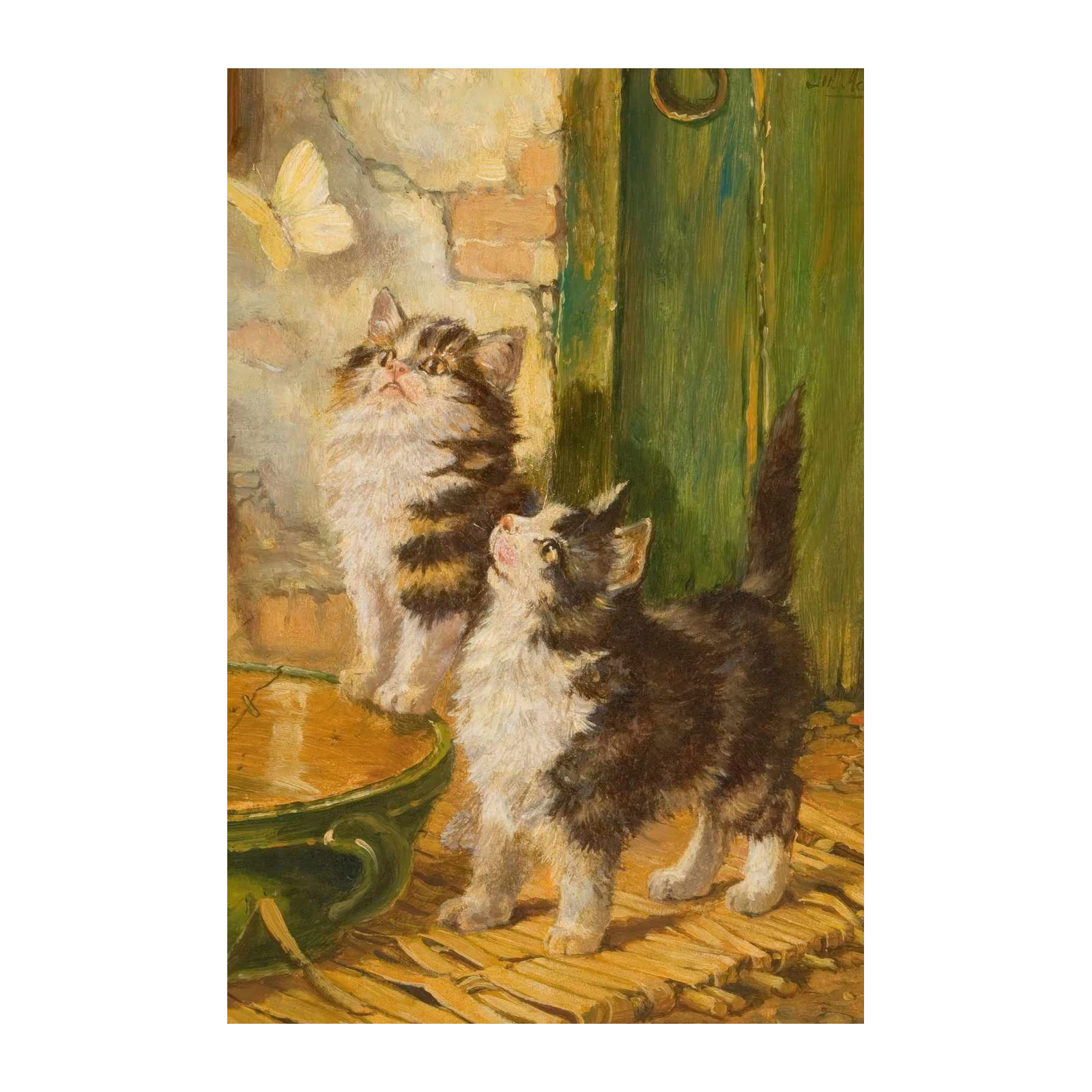 Curious Kittens & Butterfly Oil Painting Wall Art