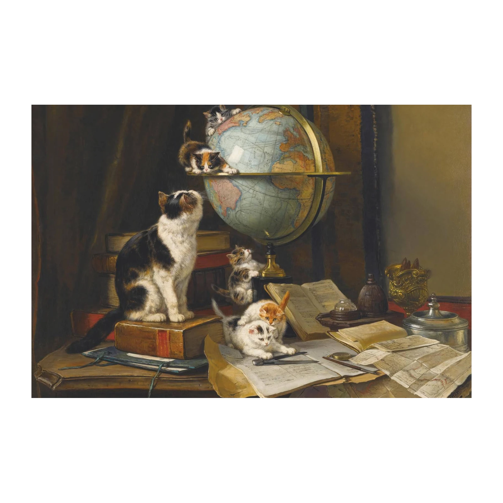Curious Kittens Exploring Globe Wall Art