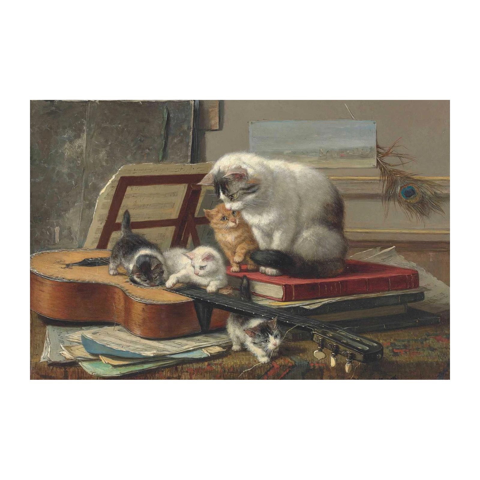 Playful Kittens & Guitar Vintage Art Wall Art