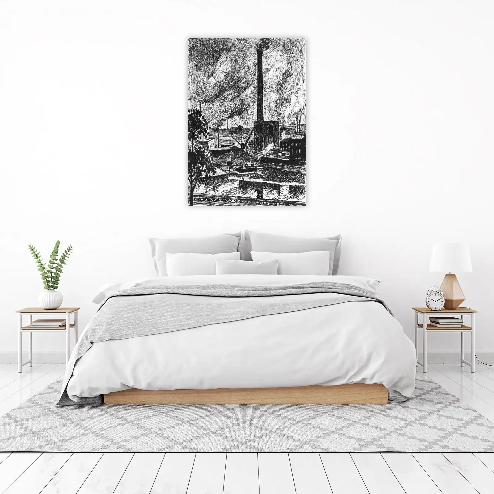 Industrial Cityscape Monochrome Sketch Wall Art
