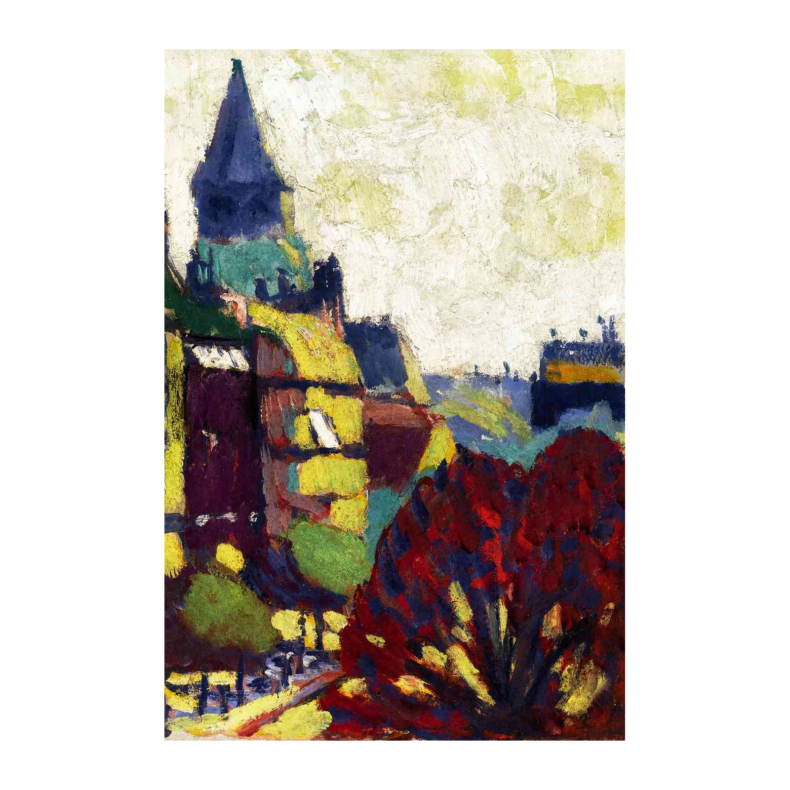 Vibrant Cityscape with Crimson Tree Wall Art