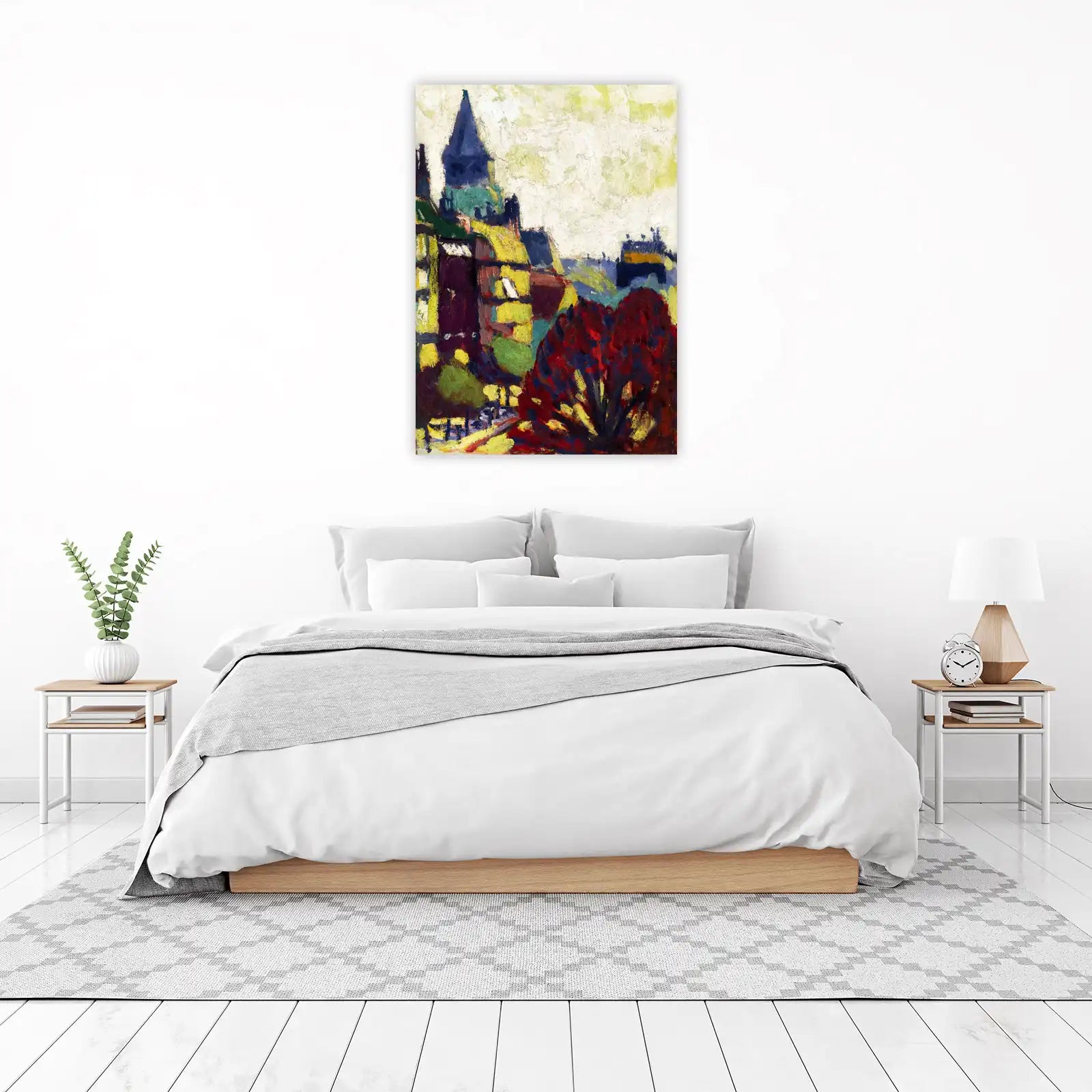 Vibrant Cityscape with Crimson Tree Wall Art