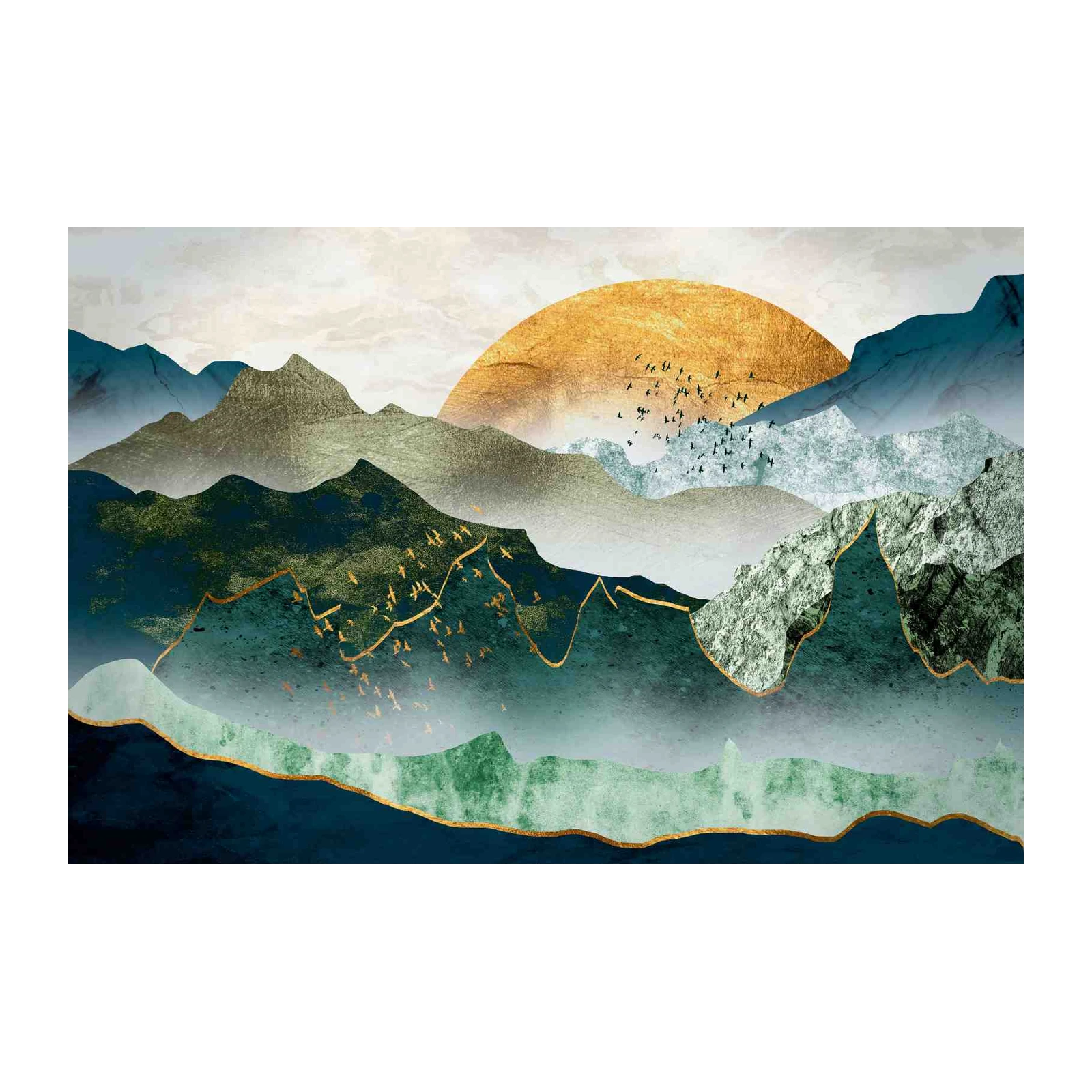 Golden Sunrise Mountain Flock Wall Art
