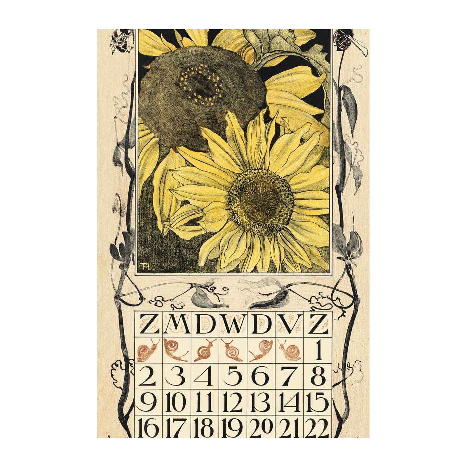 Vintage Sunflowers August Calendar Art Wall Art