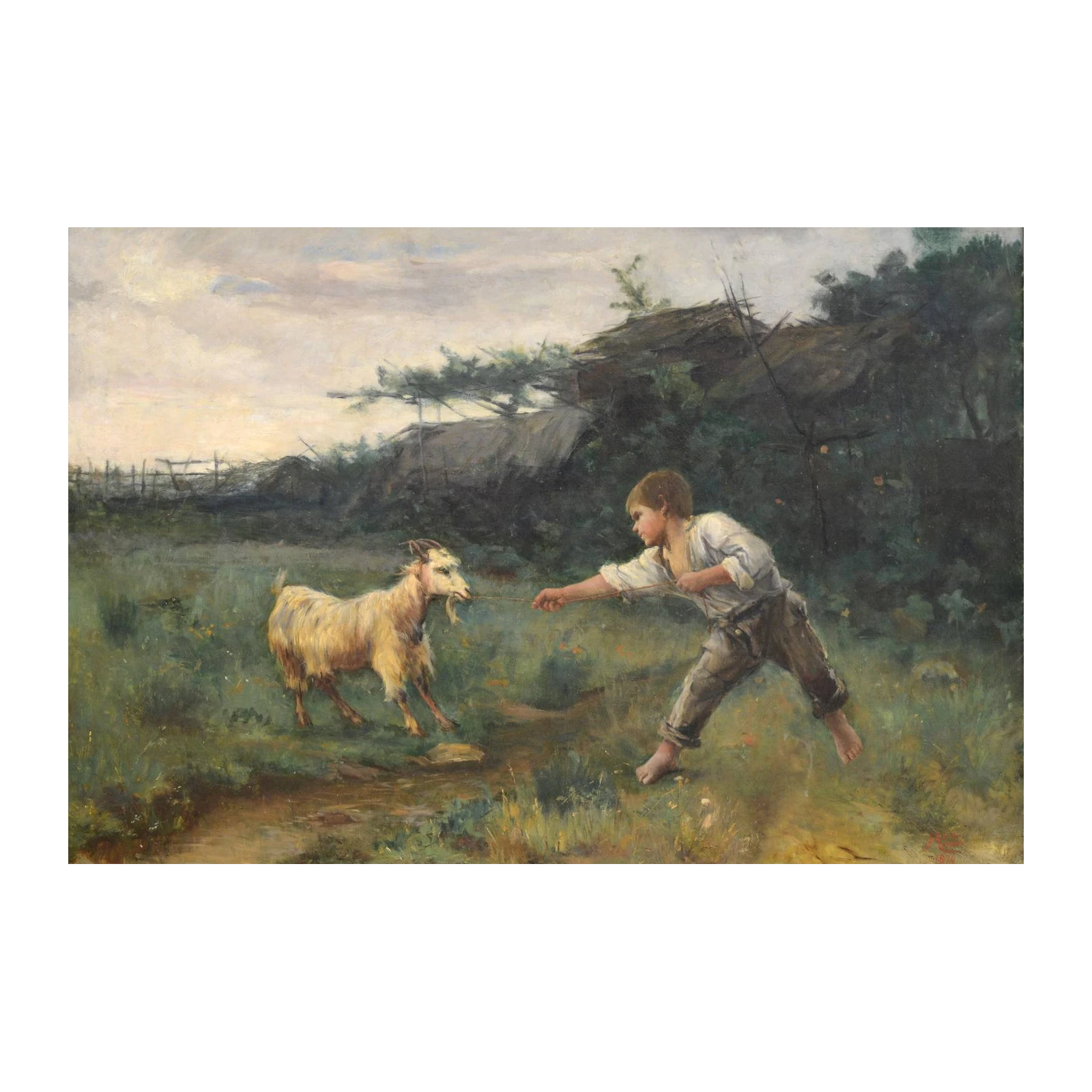Boy and Goat Pastoral Scene Wall Art