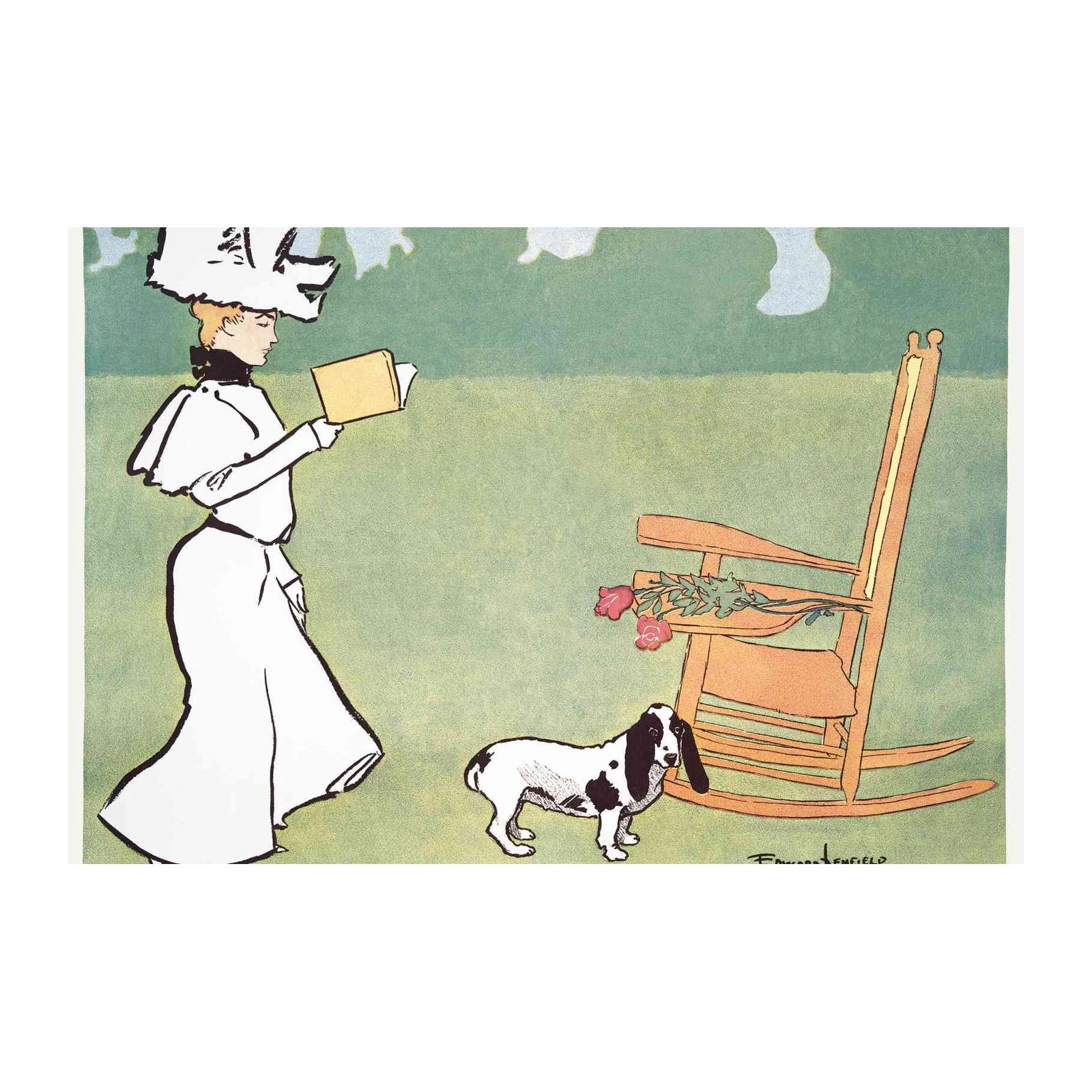 Vintage Lady Reading Dog Rocking Chair Wall Art