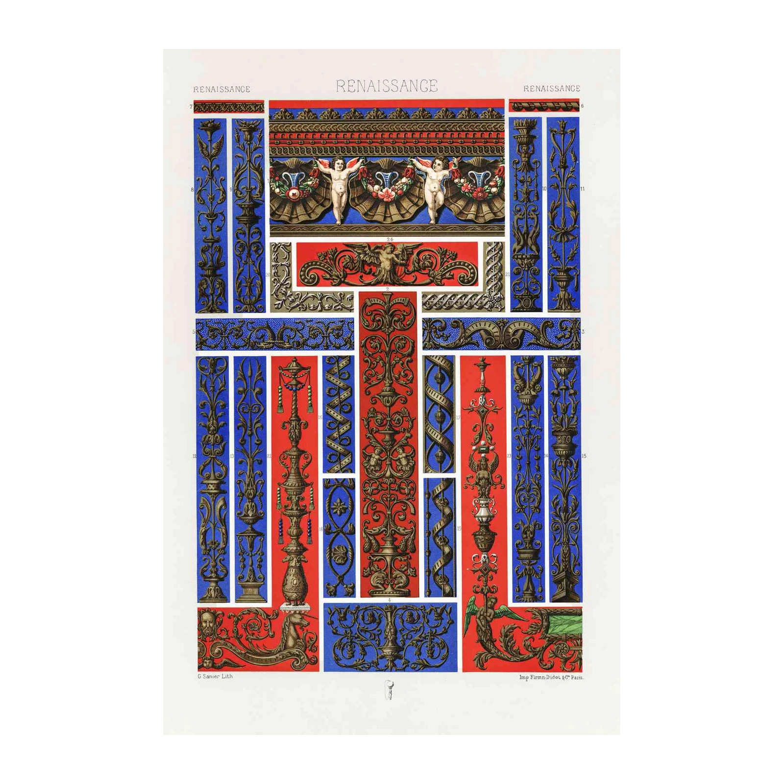 Renaissance Cherub & Scrollwork Blue Red Wall Art