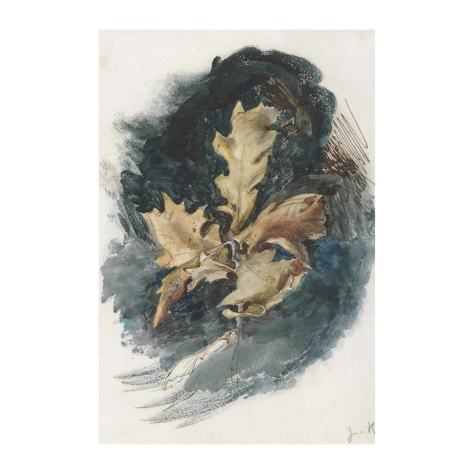 Autumn Oak Leaves Watercolor Wall Art