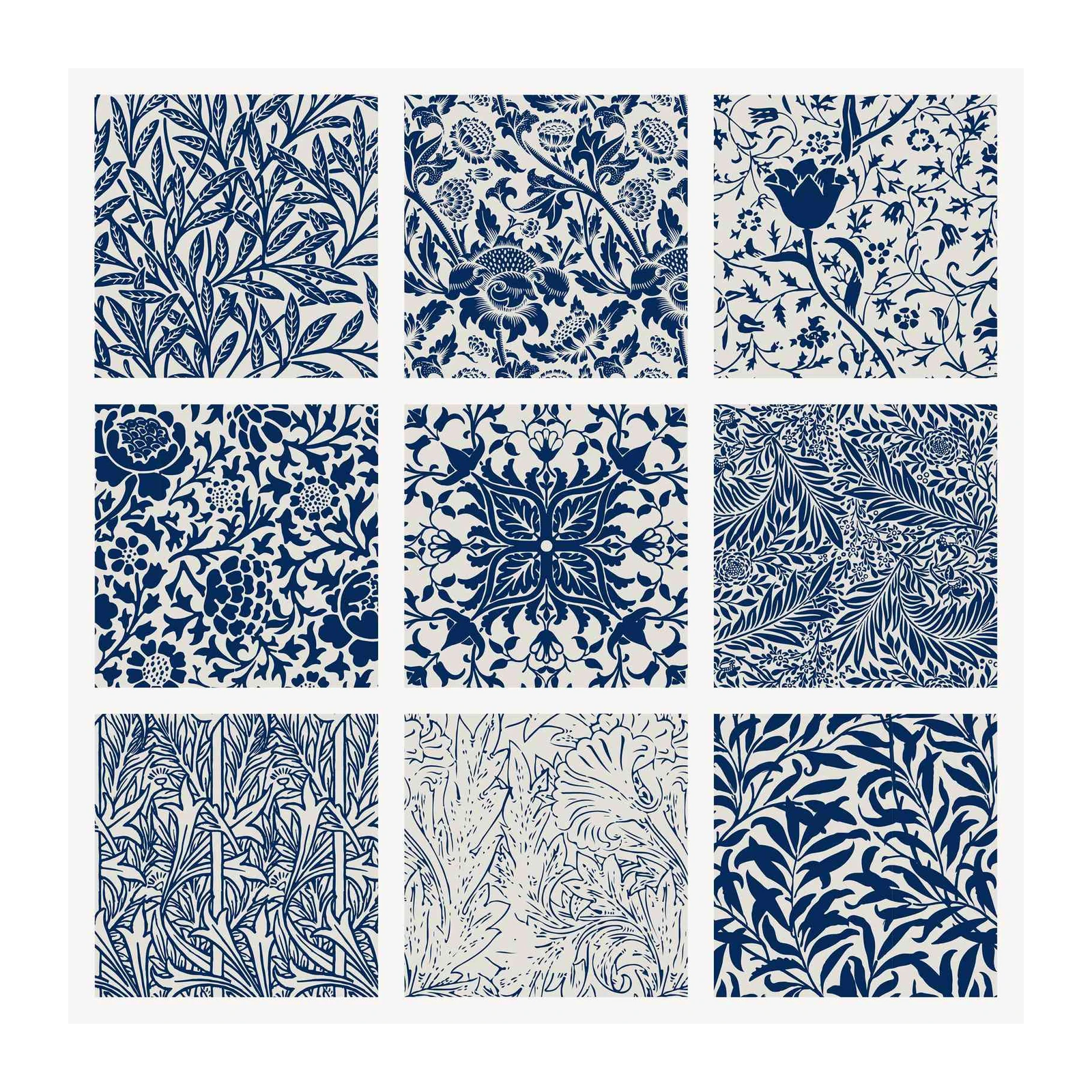 Elegant Blue Floral & Bird Patterns Wall Art