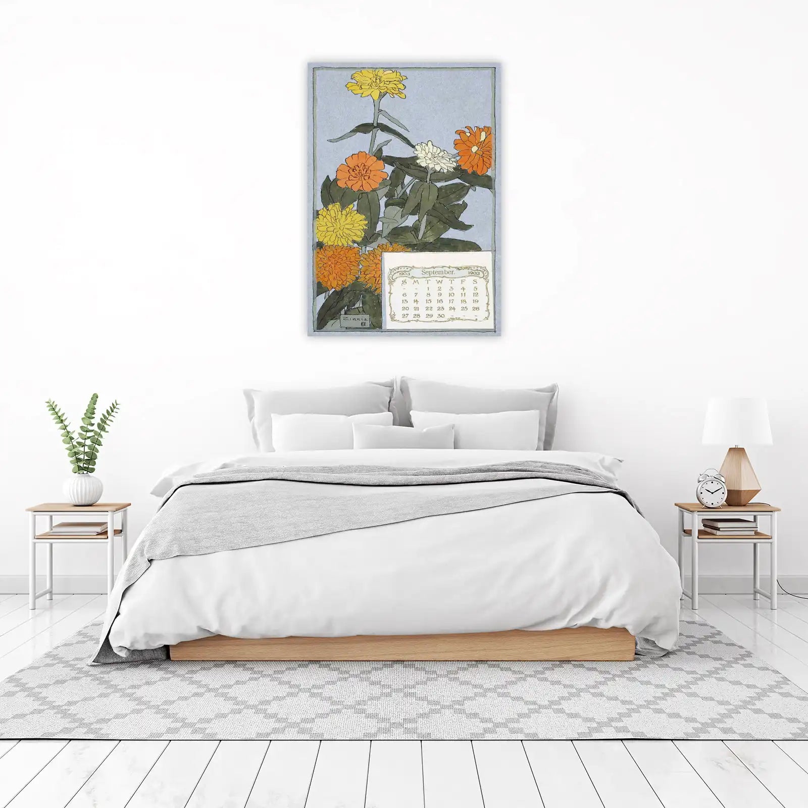 Vintage Zinnia Bloom September Calendar Wall Art