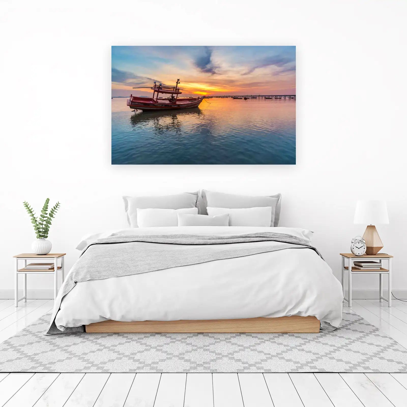 Serene Sunset Fishing Boat Wall Art