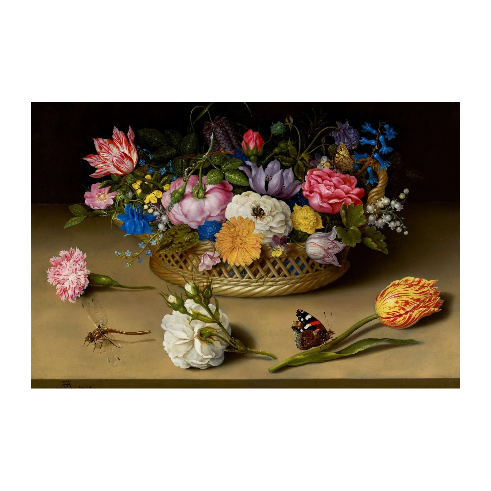 Vintage Floral Still Life with Dragonfly Wall Art