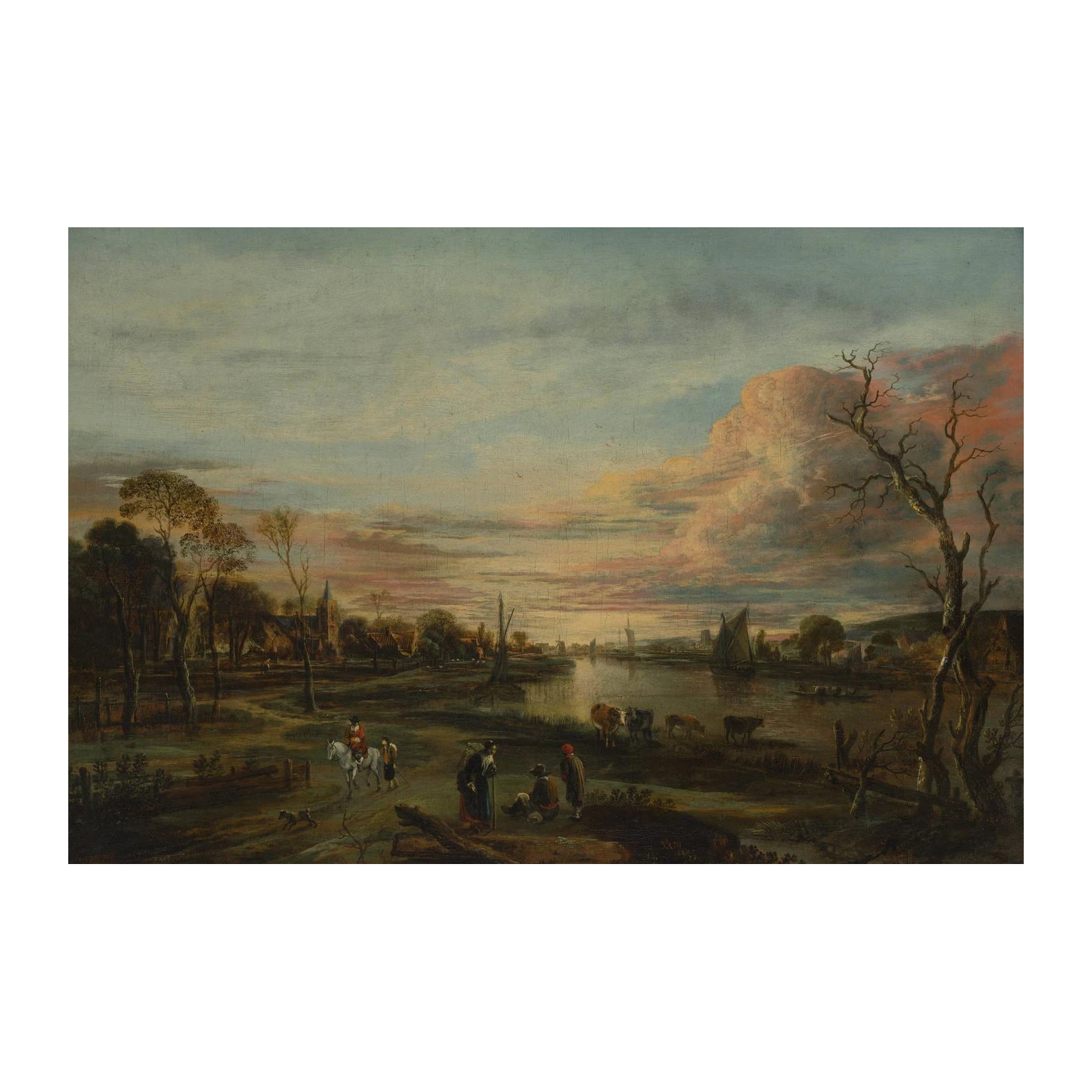 Vintage River Landscape & Figures Wall Art
