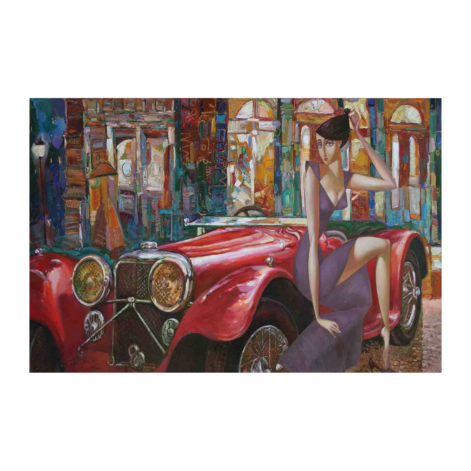 Vintage Elegance Red Car & Woman Wall Art