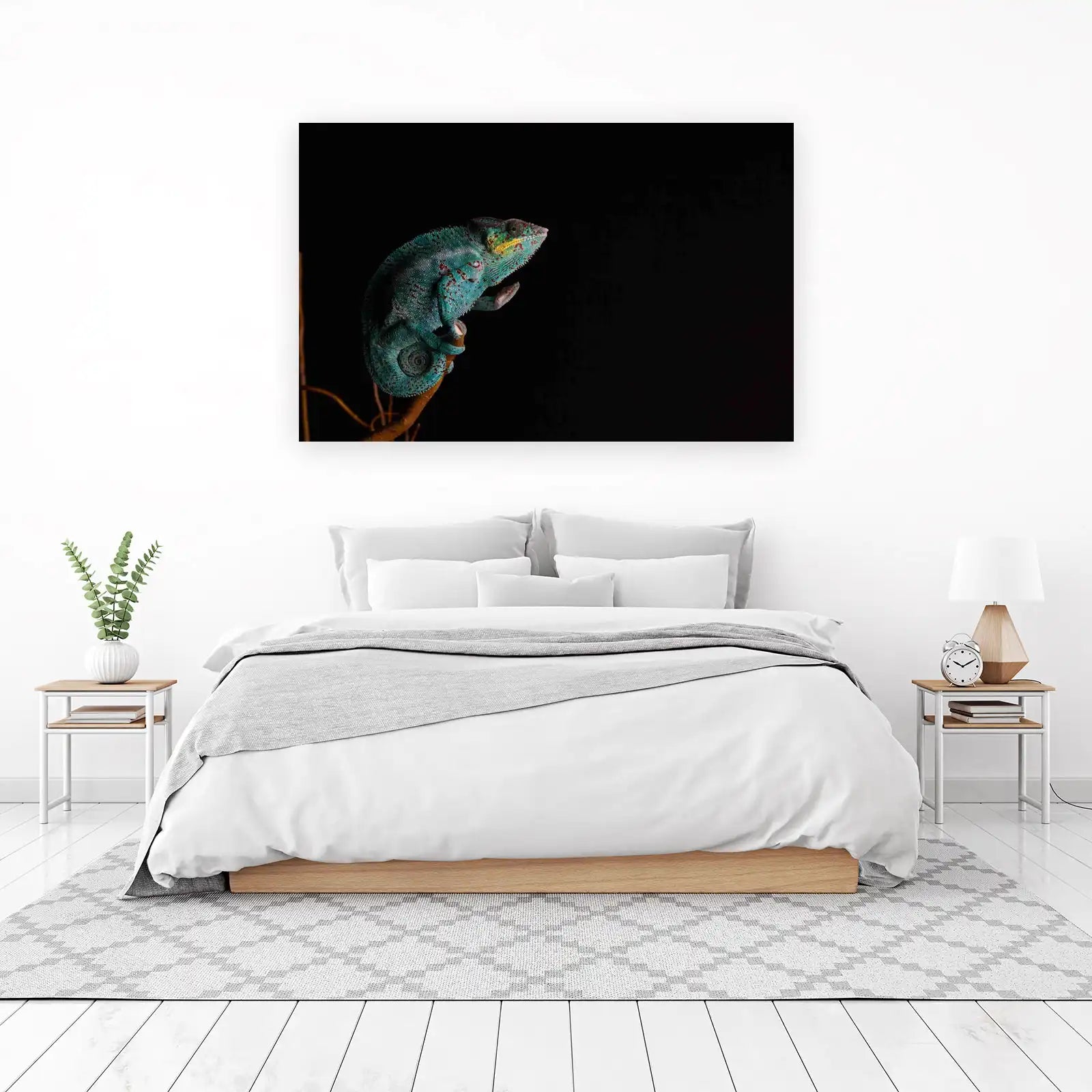 Vibrant Blue Chameleon on Branch Wall Art