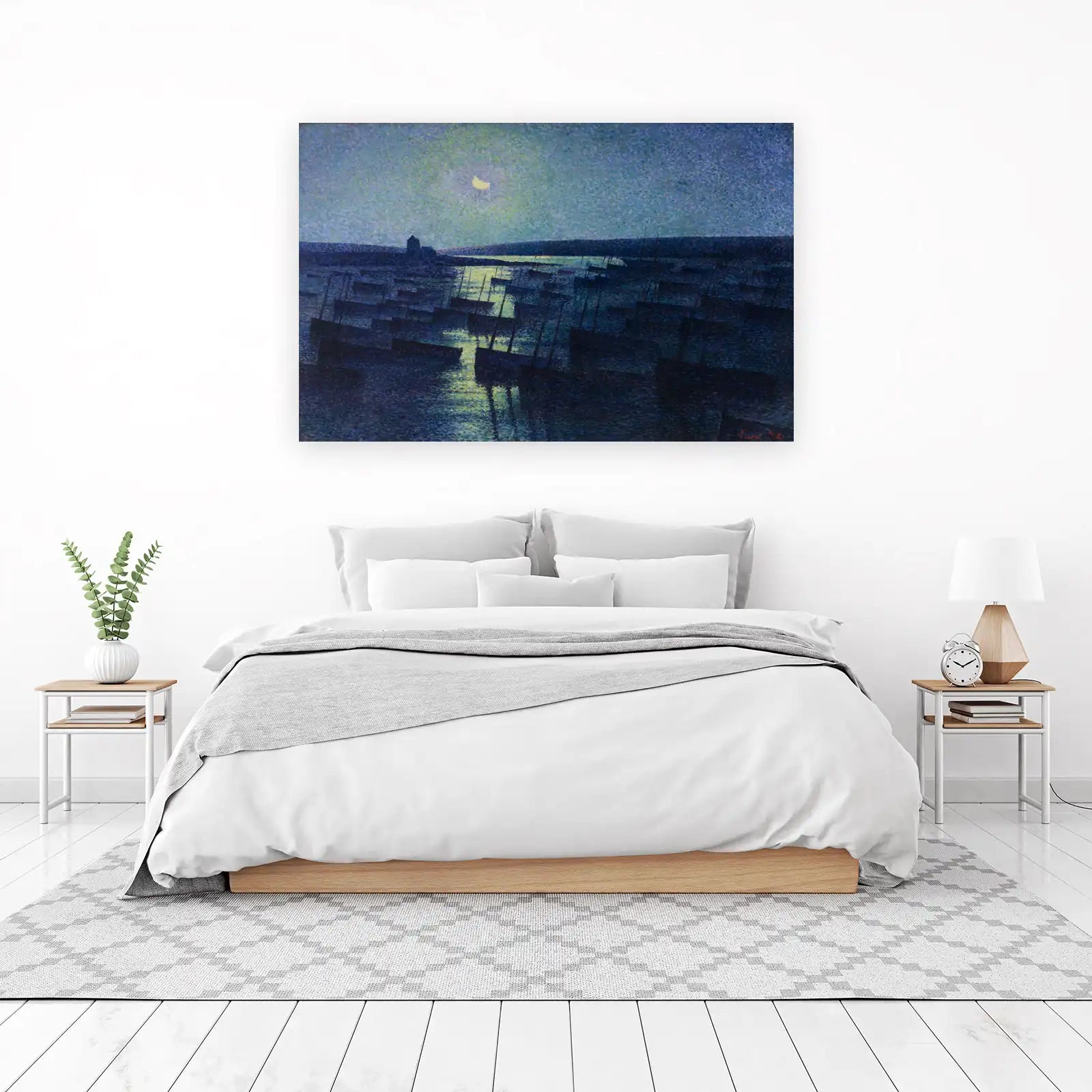Serene Moonlit Harbor Boats Wall Art