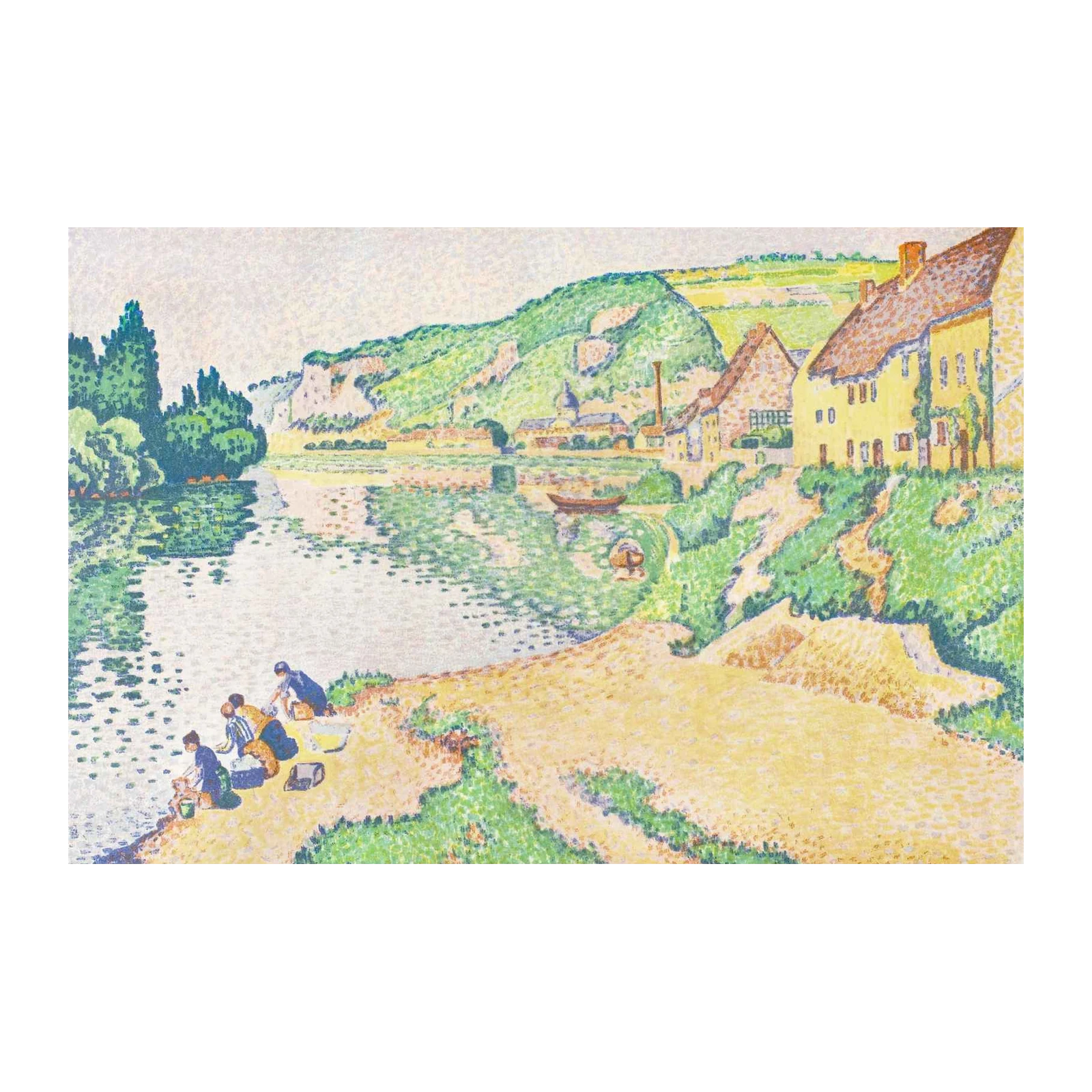 Serene River Village Neo-Impressionist Wall Art