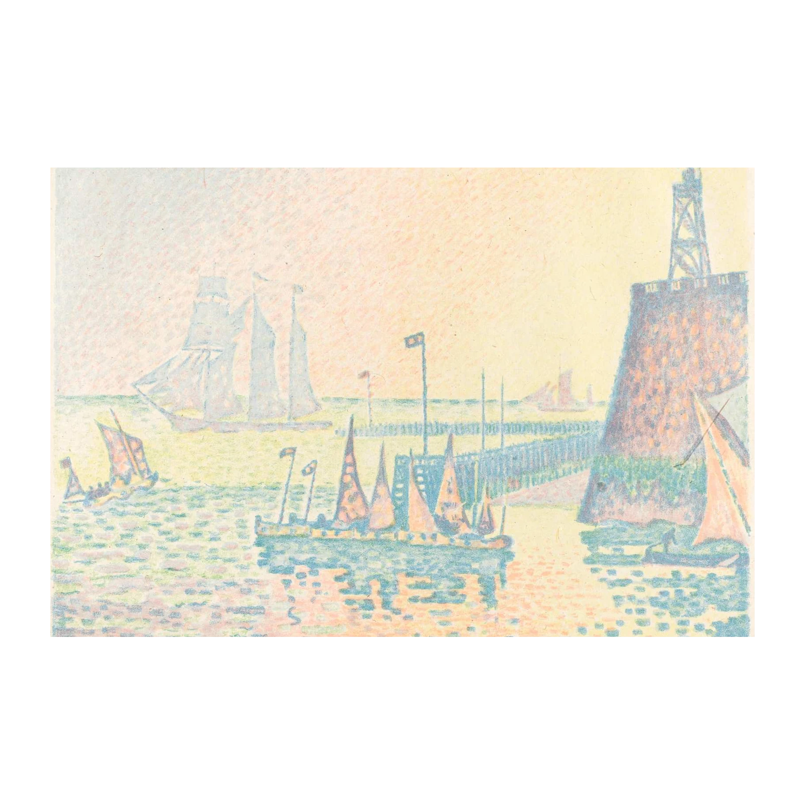 Serene Harbor Boats Pointillism Wall Art