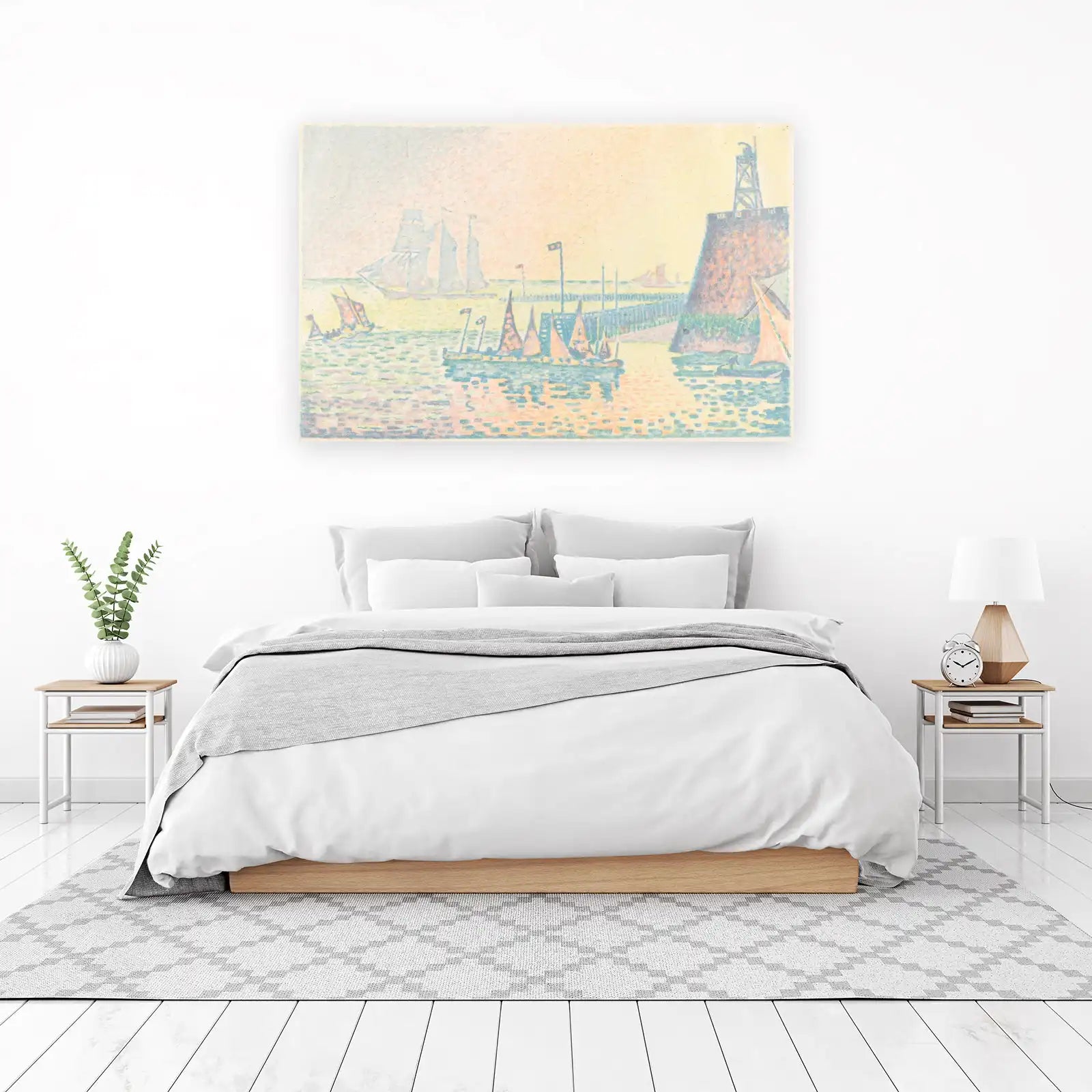 Serene Harbor Boats Pointillism Wall Art