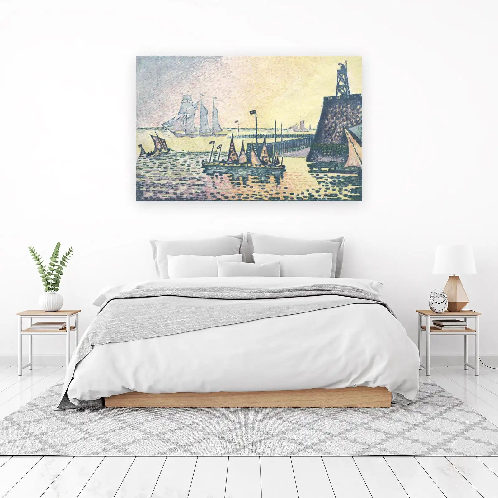Seaport Harbor Sailboats Pointillist Wall Art