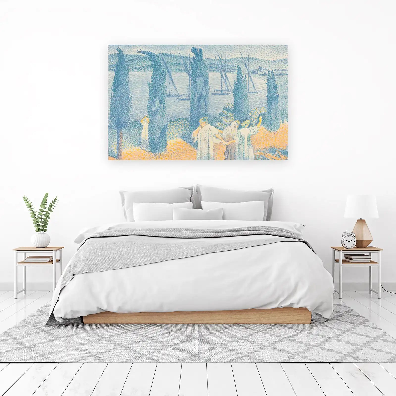 Serene Seaside Scene Pointillist Wall Art