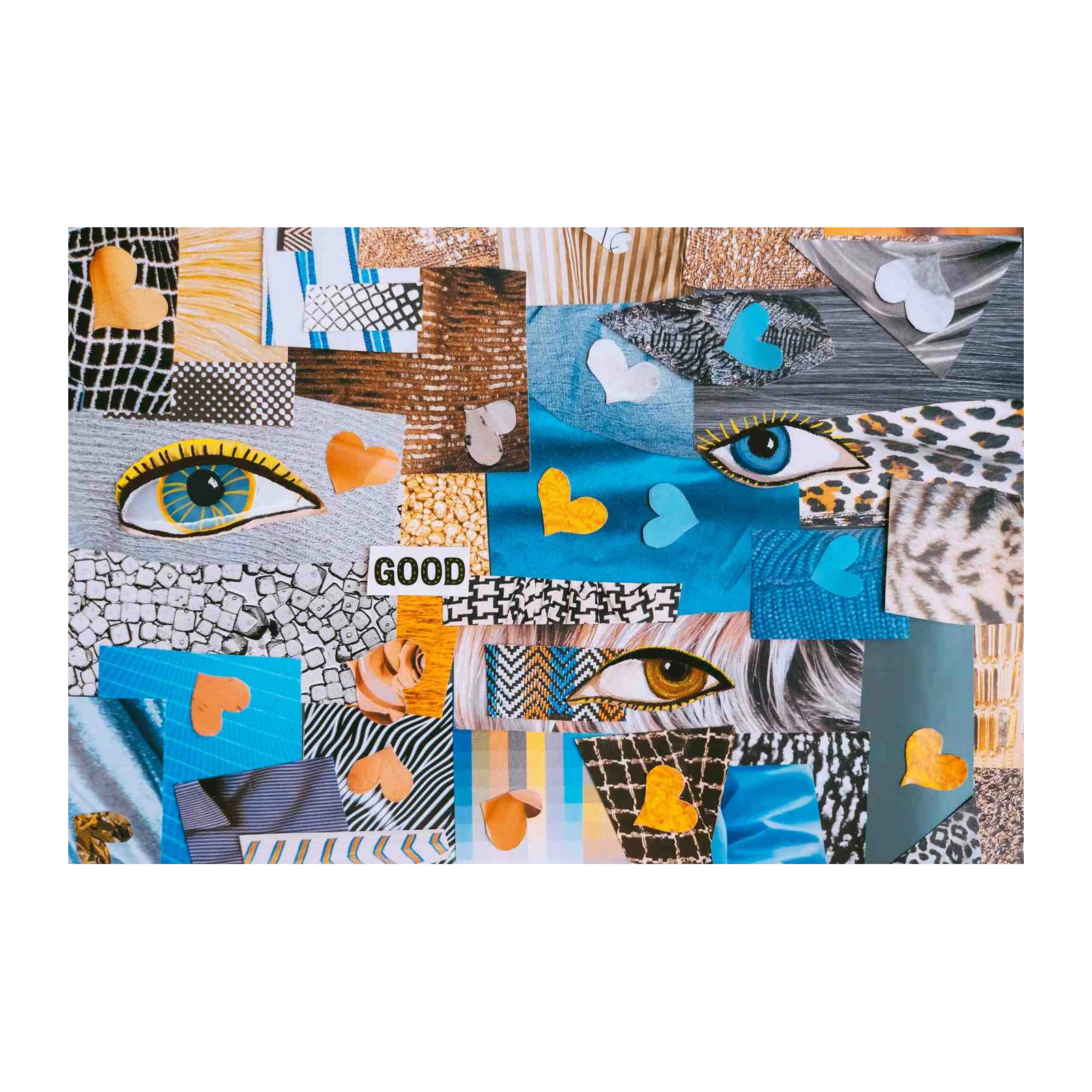 Vibrant Mixed Media Collage Eye & Hearts Wall Art