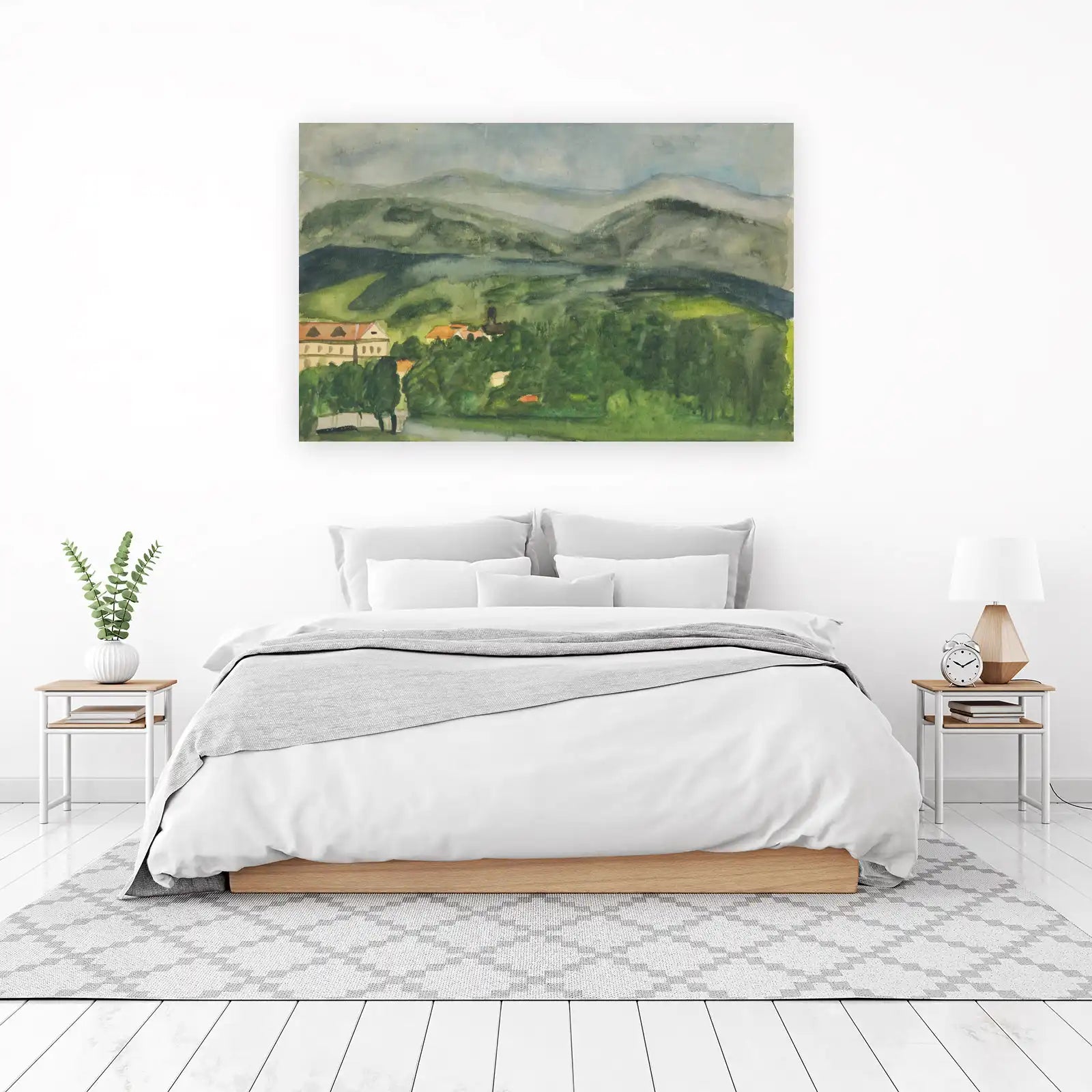 Serene Mountain Village Watercolor Wall Art