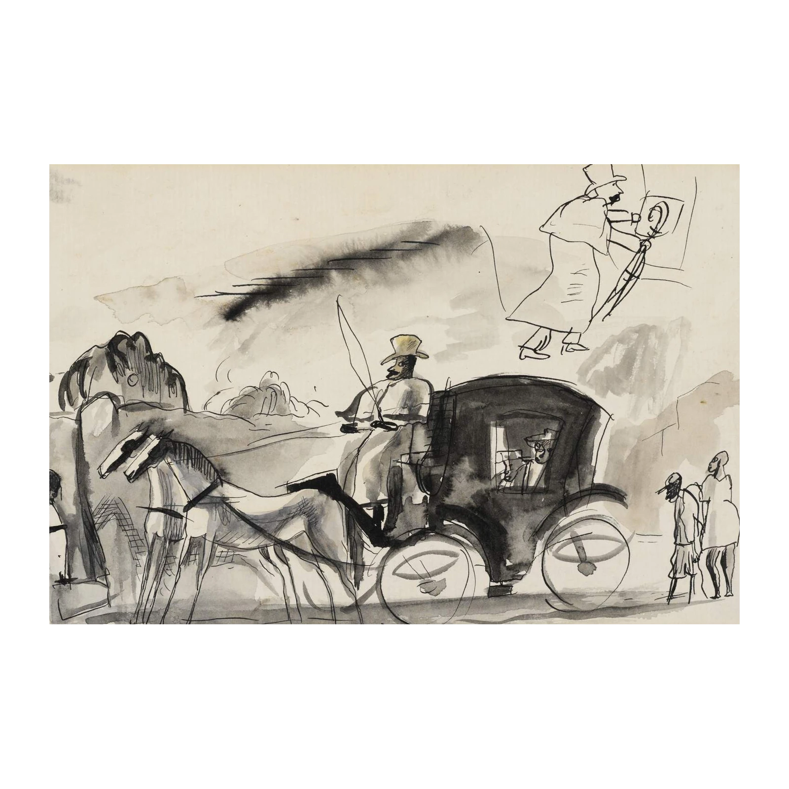 Vintage Carriage Scene Ink Sketch Wall Art