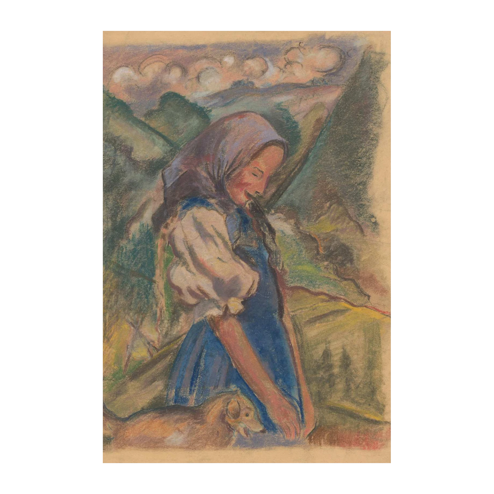 Vintage Girl & Dog Pastoral Scene Wall Art